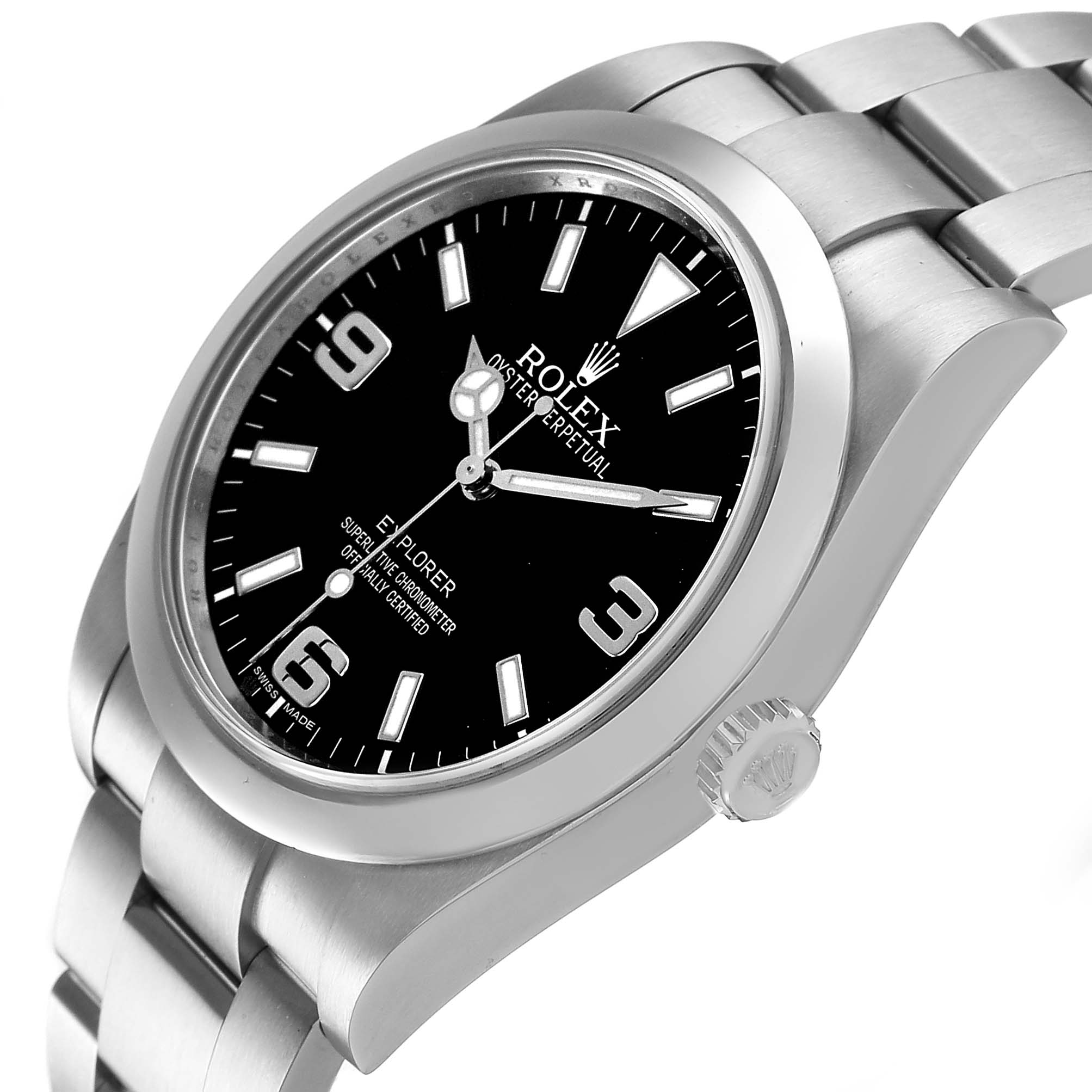 The Rolex Explorer 214270 Men's Stainless Steel Black Dial watch is shown at an oblique angle, highlighting the face, bezel, crown, and bracelet.