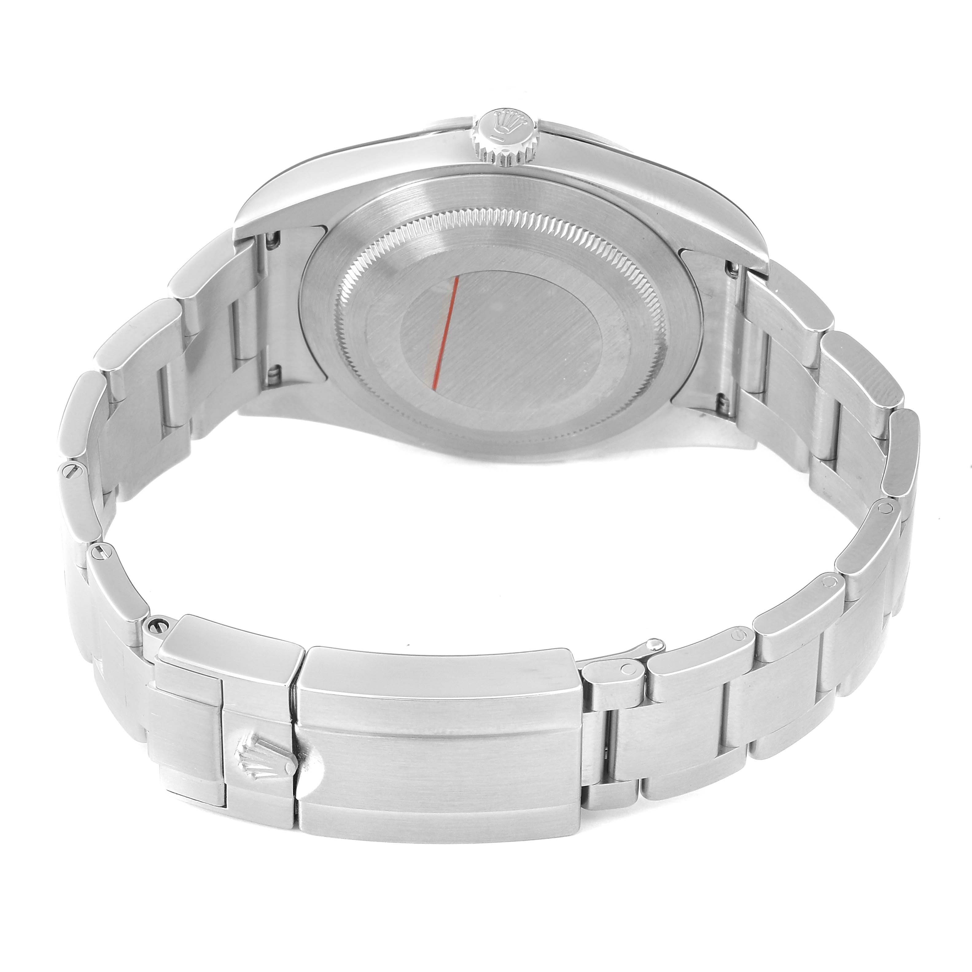 The image shows the back view of a Rolex Explorer 214270 Men's Stainless Steel Black Dial watch, highlighting the case back, crown, and bracelet.