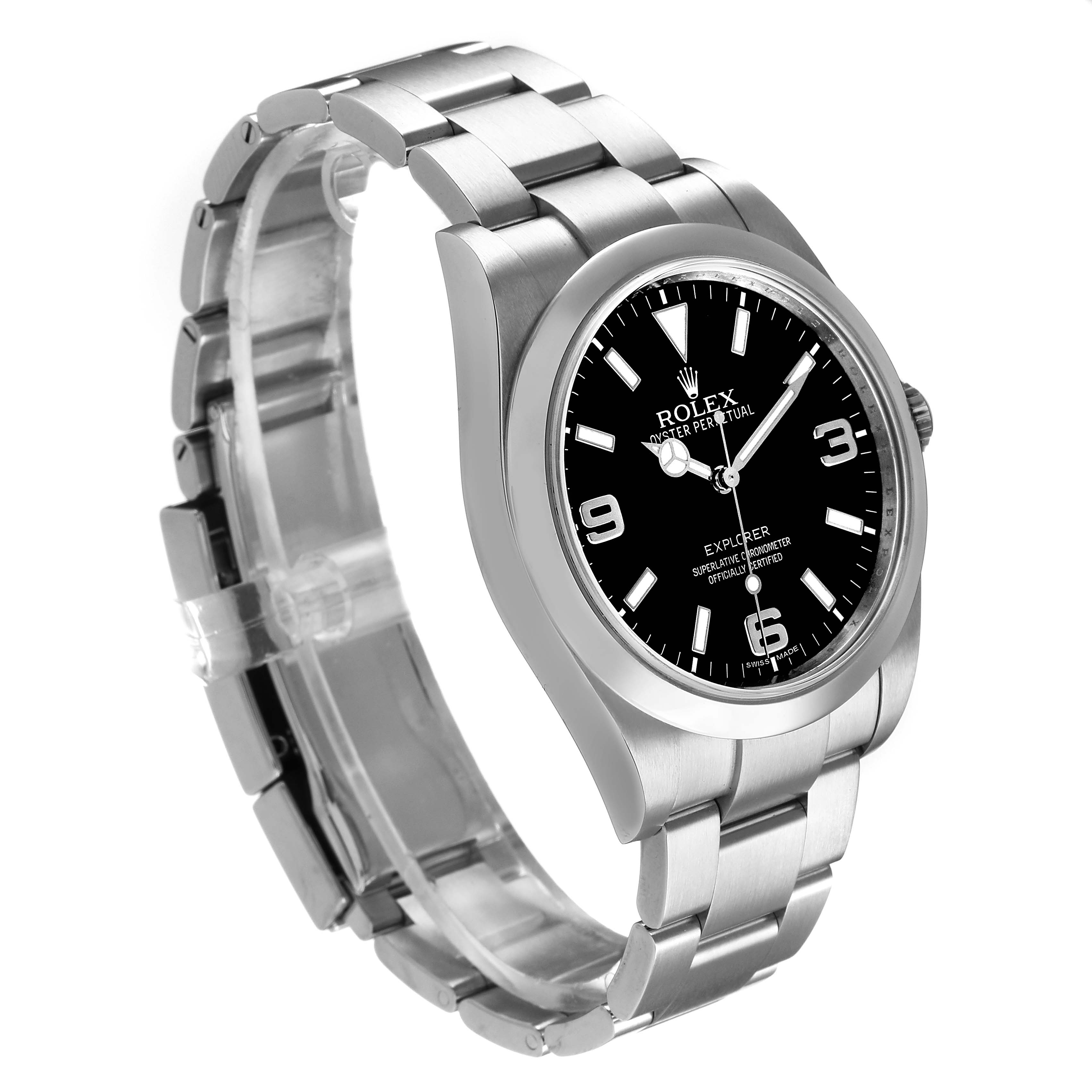 The Rolex Explorer 214270 Men's Stainless Steel Black Dial watch is shown at a three-quarter angle, highlighting the dial, bezel, and bracelet.