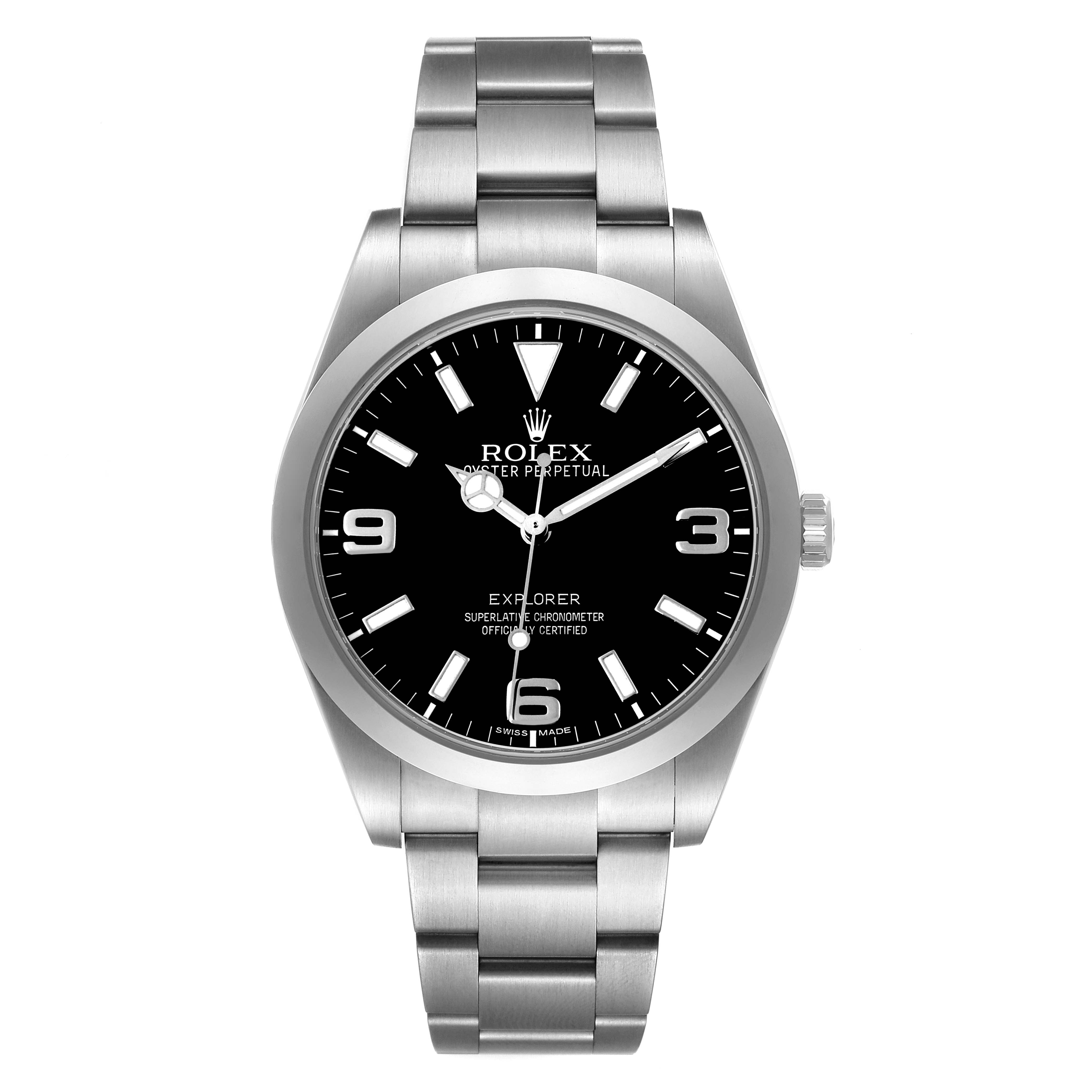 The image shows a front view of the Rolex Explorer 214270 Men's Stainless Steel Black Dial watch, highlighting the dial, bezel, case, and bracelet.