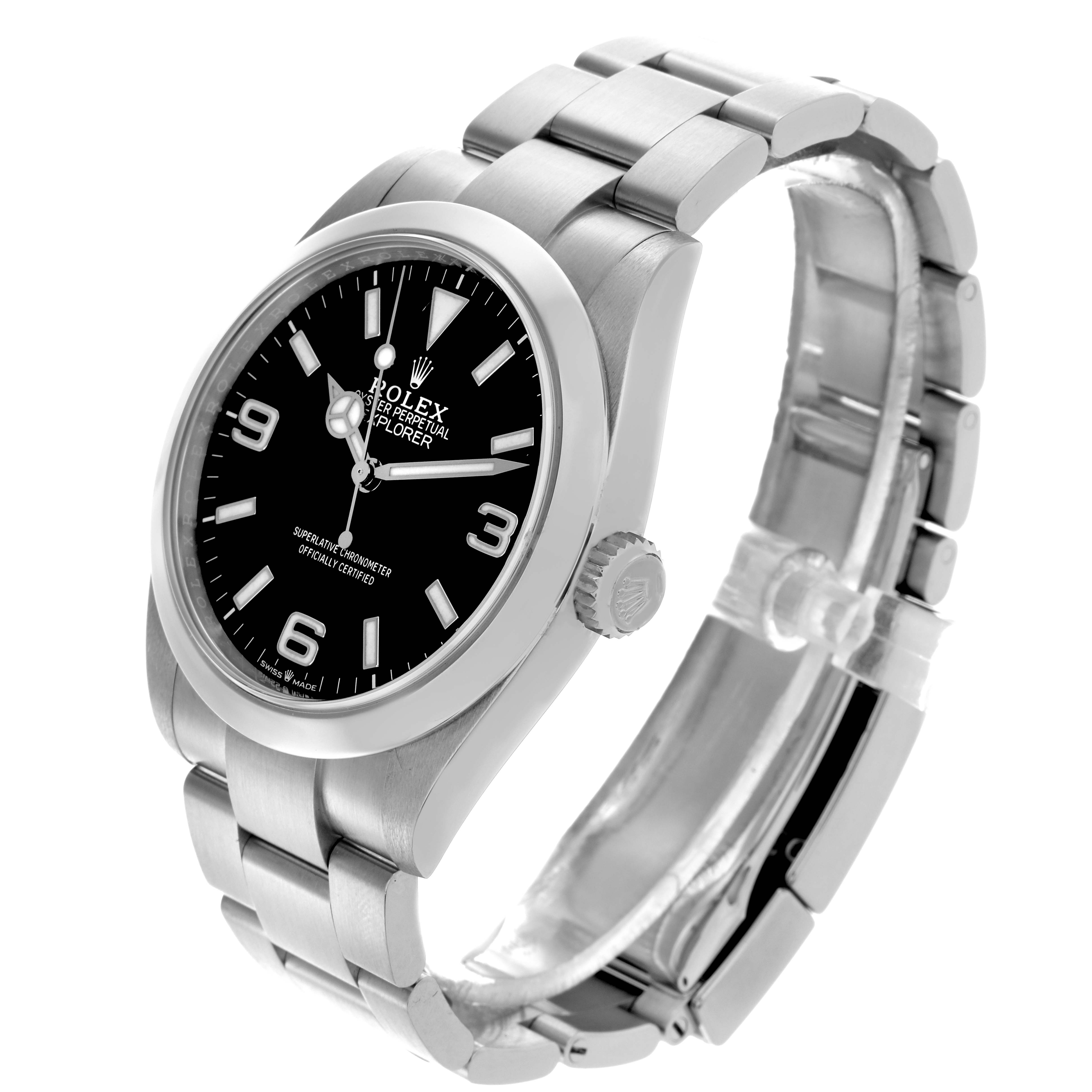 The Rolex Explorer 224270 Men's Stainless Steel Black Dial 224270 Men's Stainless Steel Black Dial is shown at a slight side angle, highlighting its dial, bezel, crown, and bracelet.