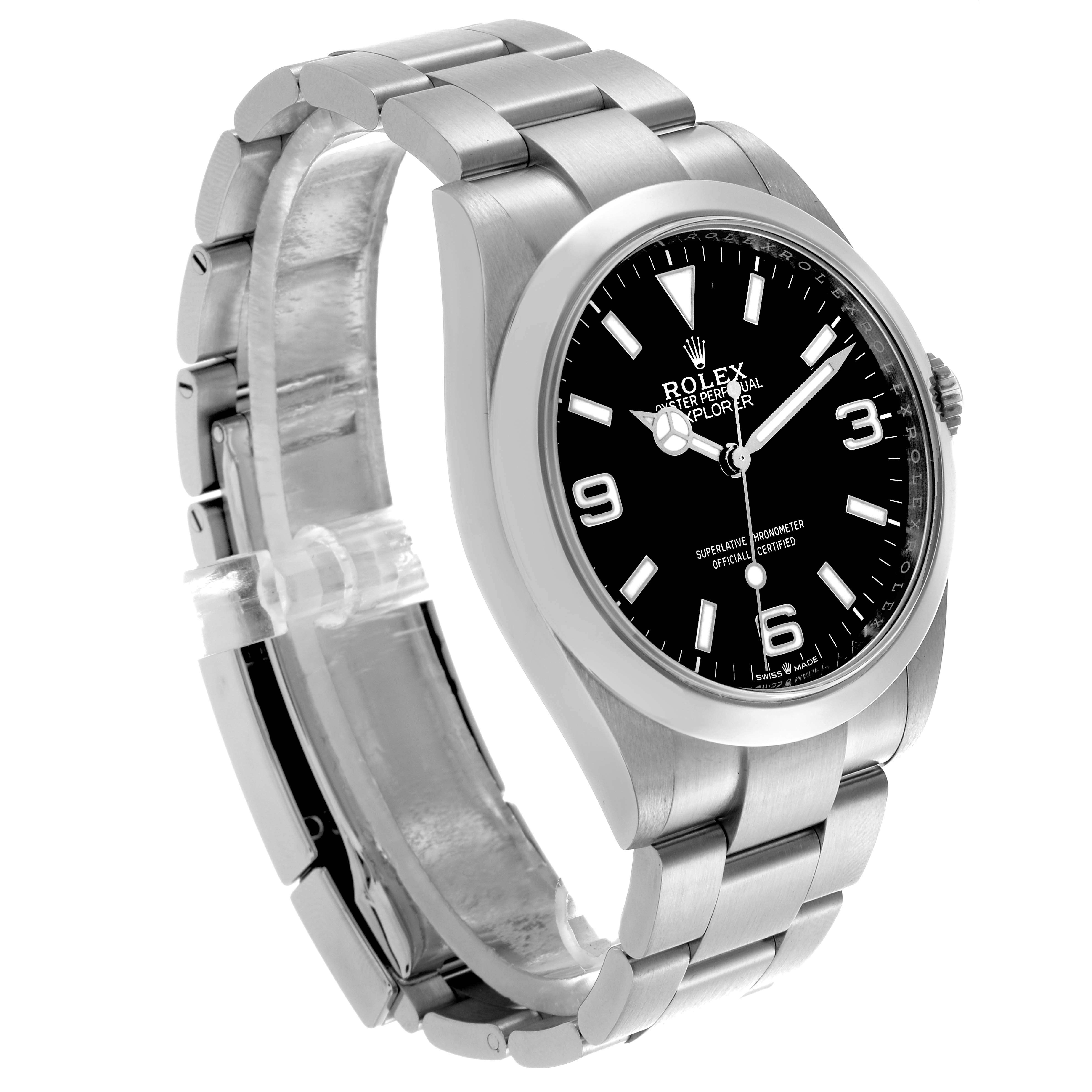 The image shows a Rolex Explorer 224270 Men's Stainless Steel Black Dial 224270 Men's Stainless Steel Black Dial watch at a three-quarter angle, displaying the dial, crown, case, and bracelet.