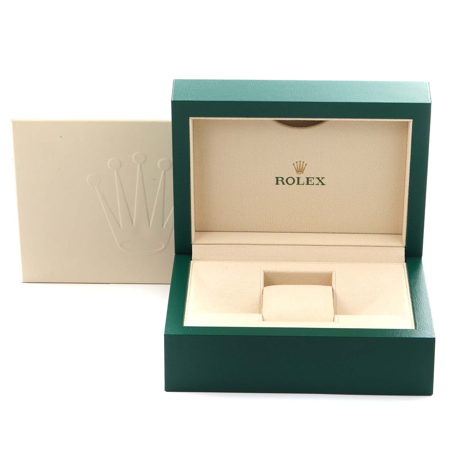 The image shows a Rolex Explorer 224270 Men's Stainless Steel Black Dial 224270 Men's Stainless Steel Black Dial watch box, open, with a green exterior and beige interior, featuring the Rolex logo.