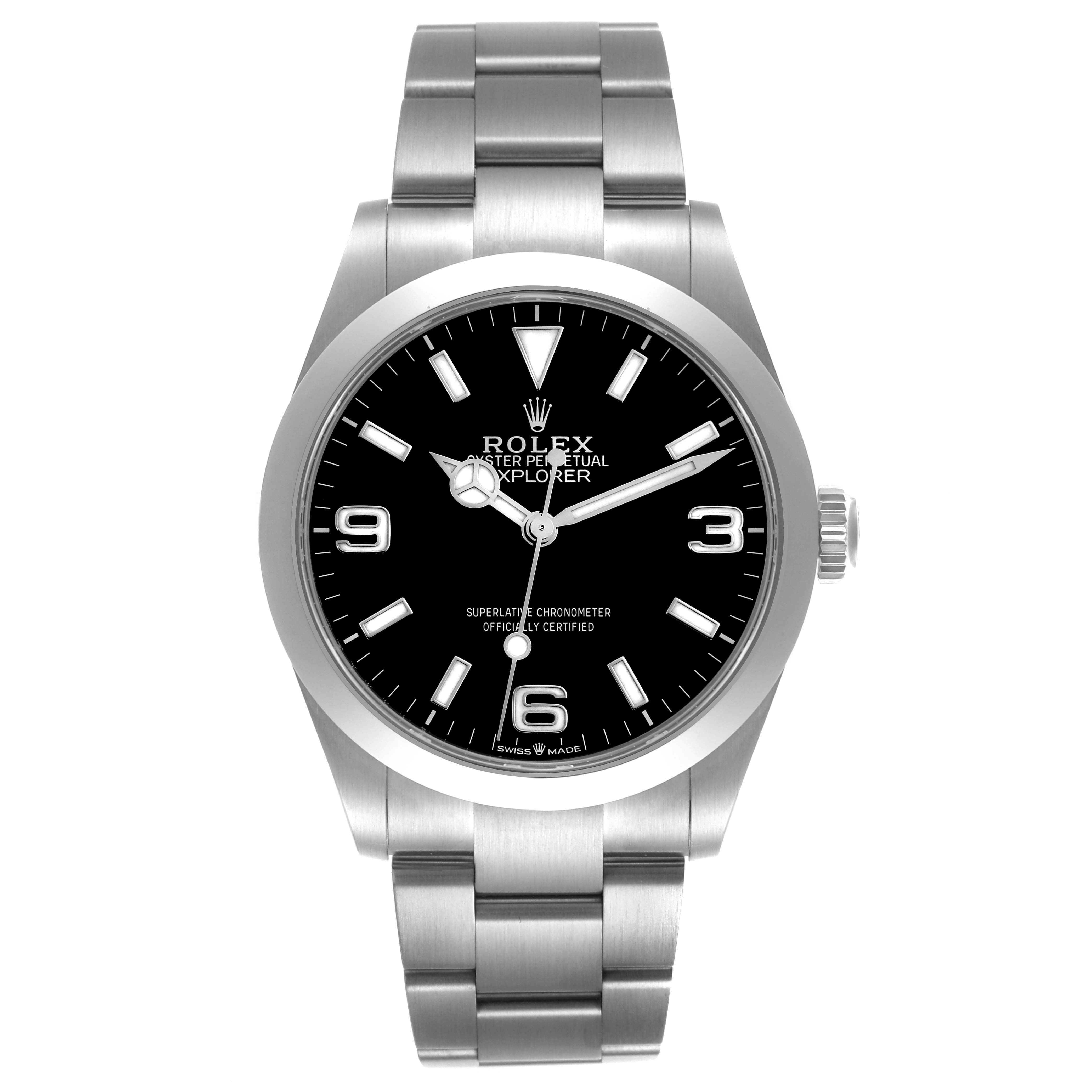 The Rolex Explorer 224270 Men's Stainless Steel Black Dial 224270 Men's Stainless Steel Black Dial watch is shown from the front, displaying the dial, hands, crown, and full bracelet.