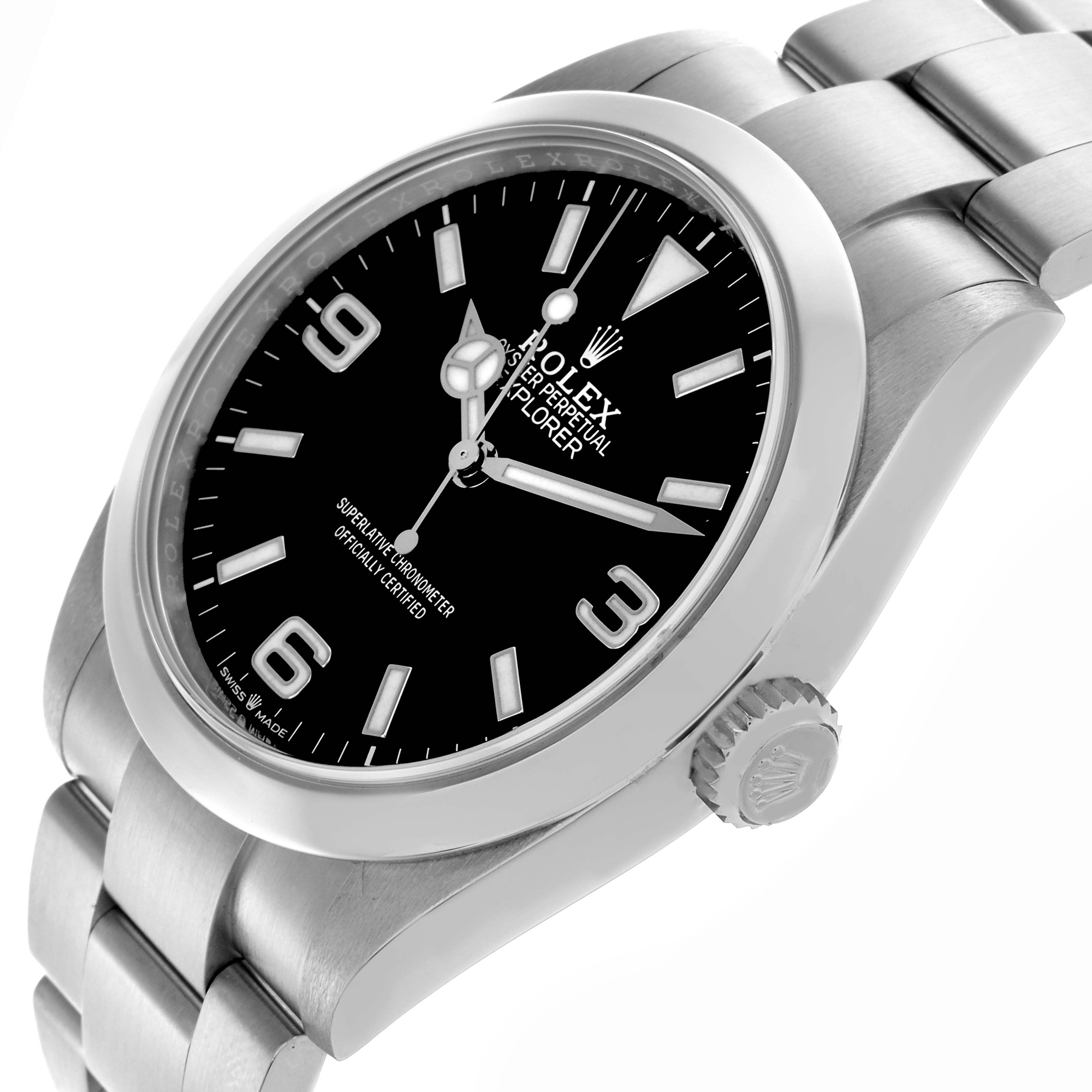 The Rolex Explorer 224270 Men's Stainless Steel Black Dial 224270 Men's Stainless Steel Black Dial watch is shown at an angled side view, featuring the face, bezel, crown, and part of the bracelet.