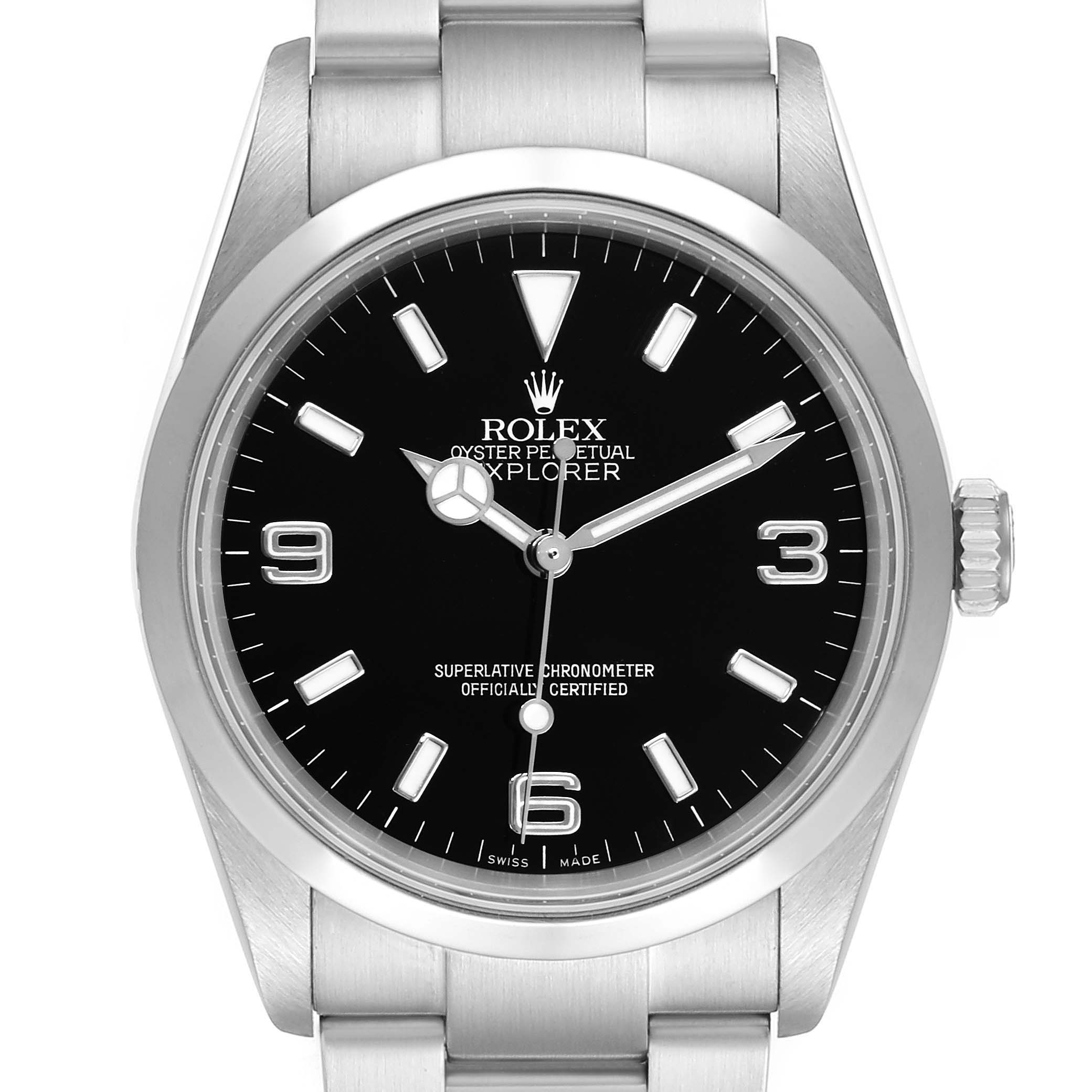 This image shows a front view of the Rolex Explorer 114270 Men's Stainless Steel Black Dial 114270 Men's Stainless Steel Black Dial watch, highlighting its black dial, hour markers, and stainless steel bracelet.