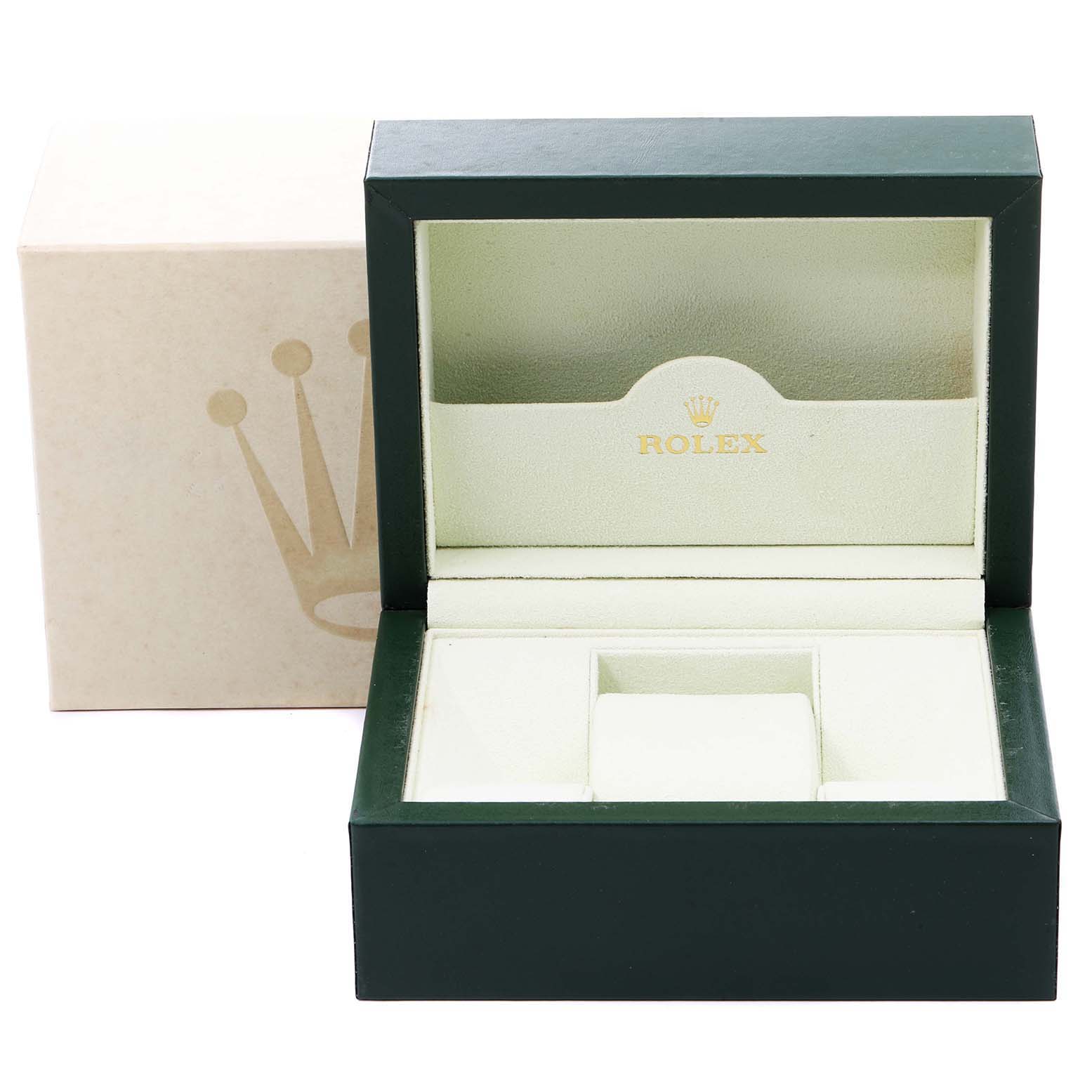 The image shows an empty Rolex Explorer 114270 Men's Stainless Steel Black Dial 114270 Men's Stainless Steel Black Dial watch box with an open lid, revealing the interior padding and compartments.