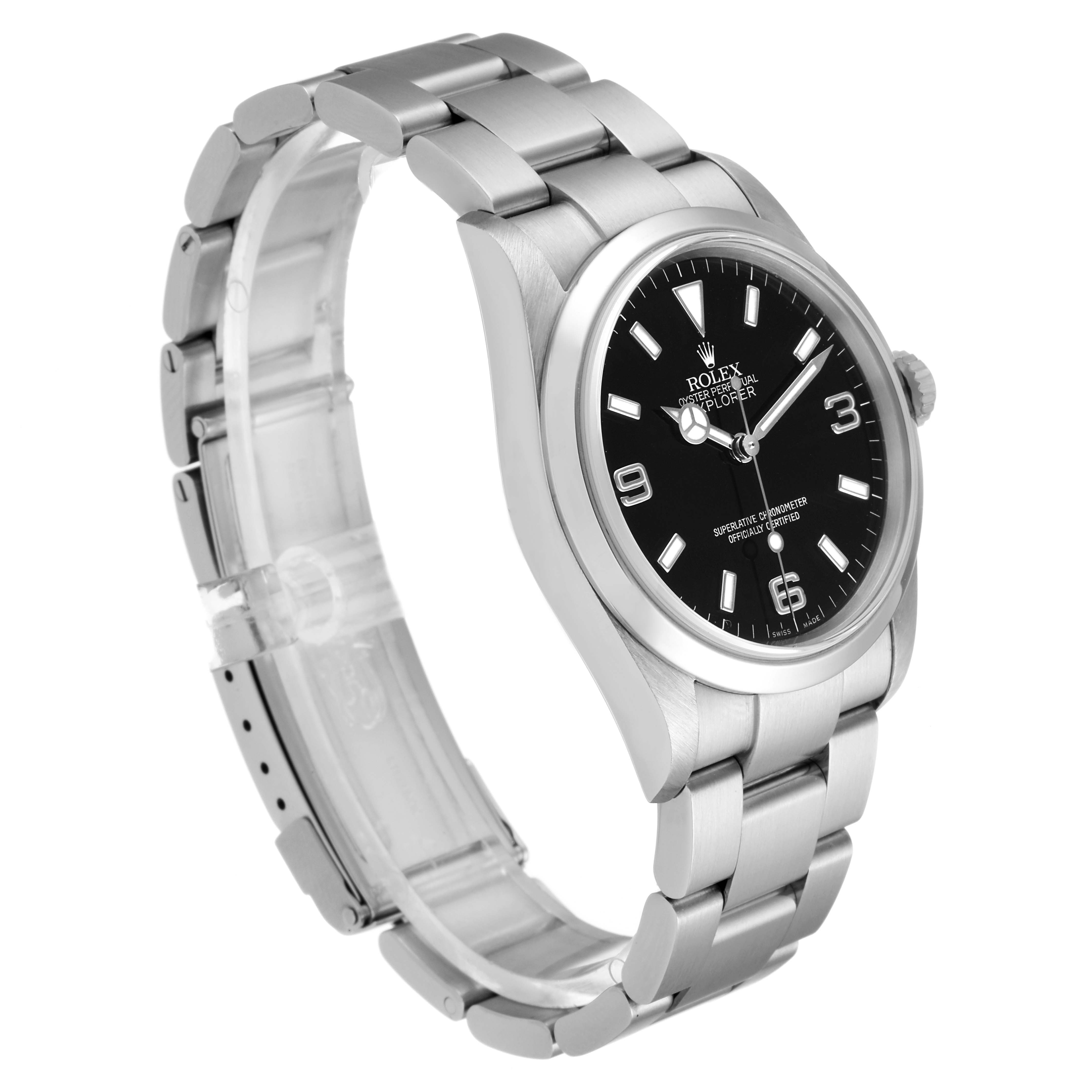 The image shows a side angle of the Rolex Explorer 114270 Men's Stainless Steel Black Dial 114270 Men's Stainless Steel Black Dial watch, highlighting the band, case, and dial.