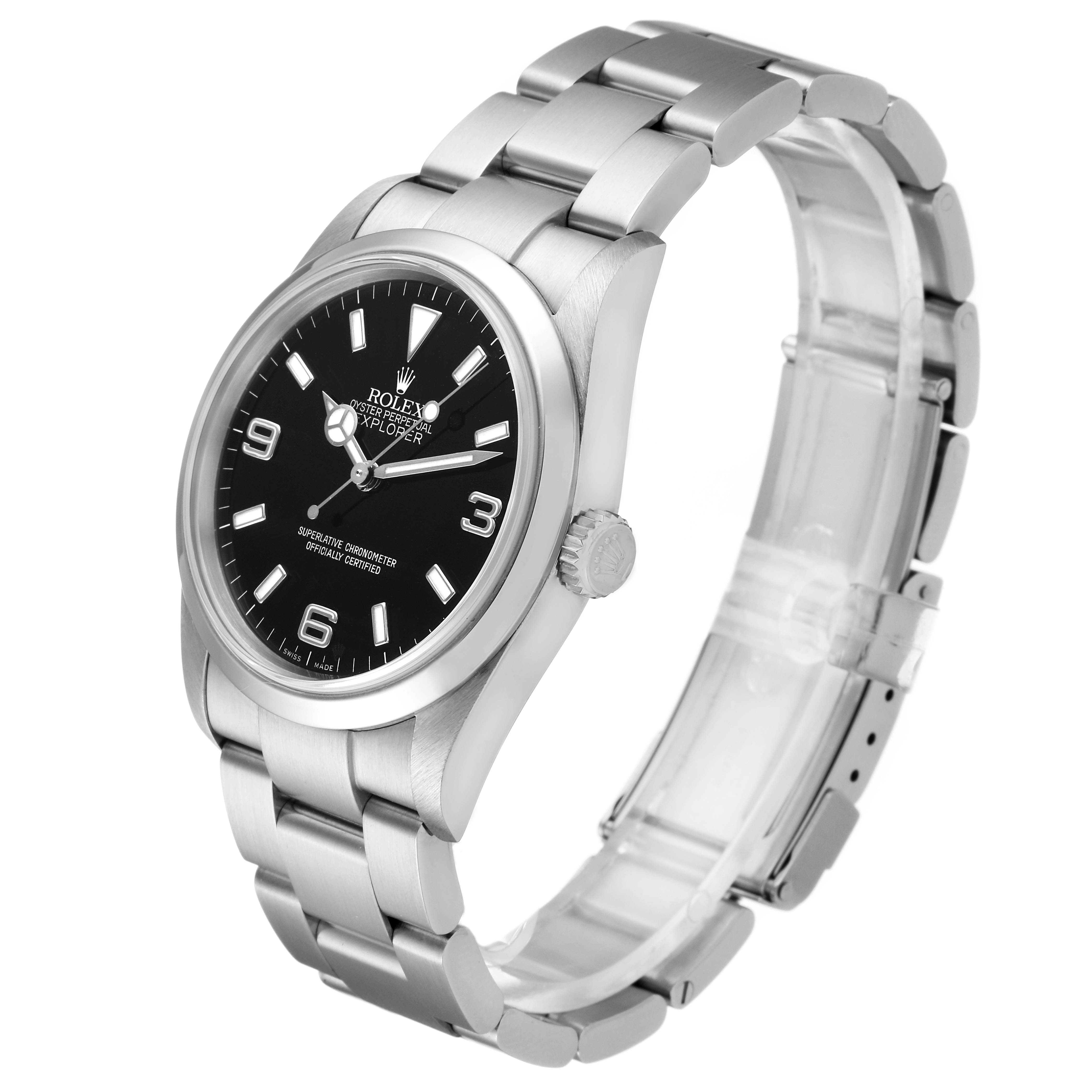 The image shows a side angle of the Rolex Explorer 114270 Men's Stainless Steel Black Dial 114270 Men's Stainless Steel Black Dial watch, highlighting its face, bezel, crown, and part of the bracelet.