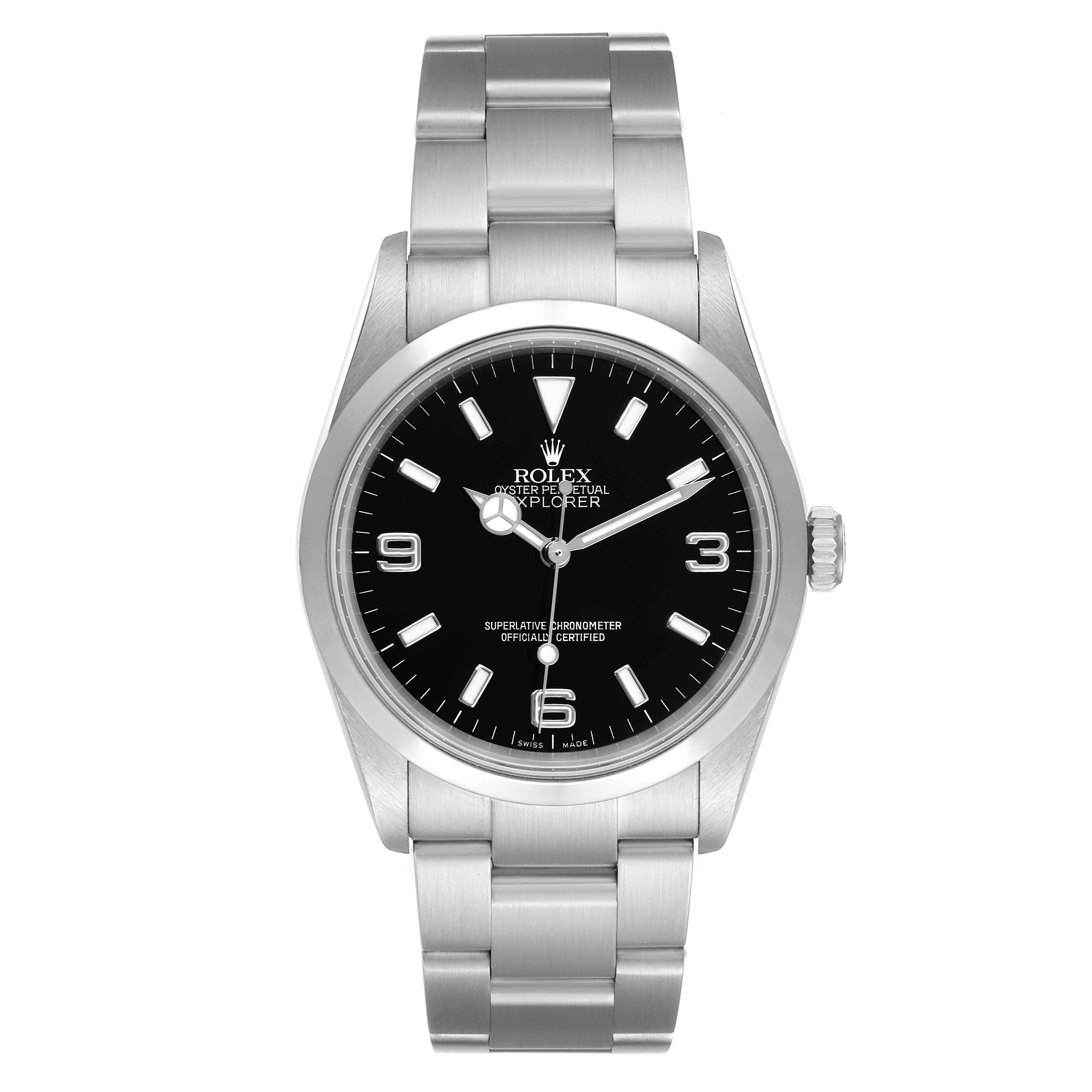 This is a front view of the Rolex Explorer 114270 Men's Stainless Steel Black Dial 114270 Men's Stainless Steel Black Dial watch, highlighting its black dial, bezel, and stainless steel bracelet.