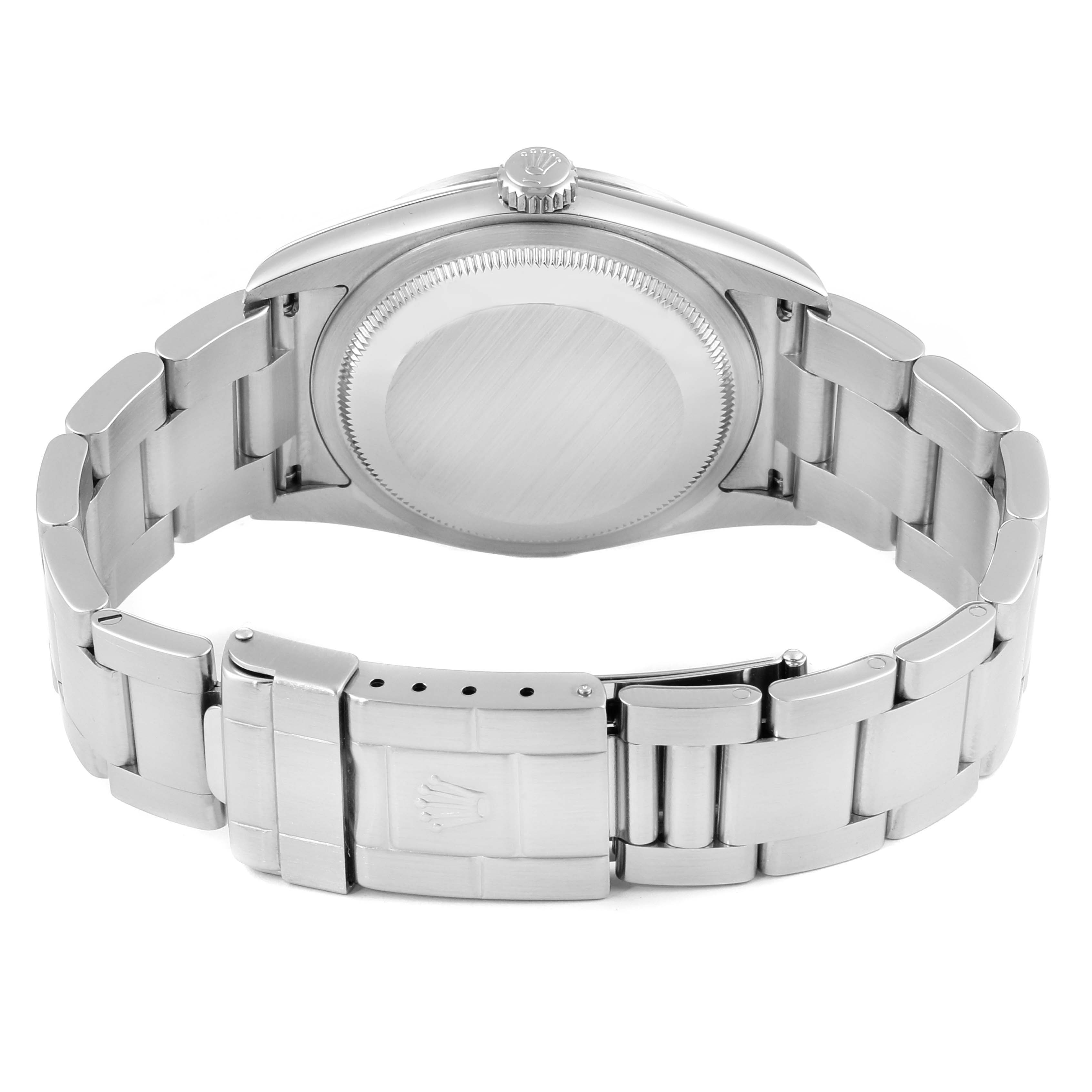 This image shows the rear view of the Rolex Explorer 114270 Men's Stainless Steel Black Dial 114270 Men's Stainless Steel Black Dial watch, displaying the case back and bracelet with clasp.