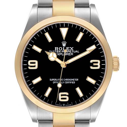 The Rolex Explorer 124273 Men's Steel and Gold (two tone) Black Dial watch is shown from the front, displaying the dial, hands, bezel, crown, and part of the bracelet.