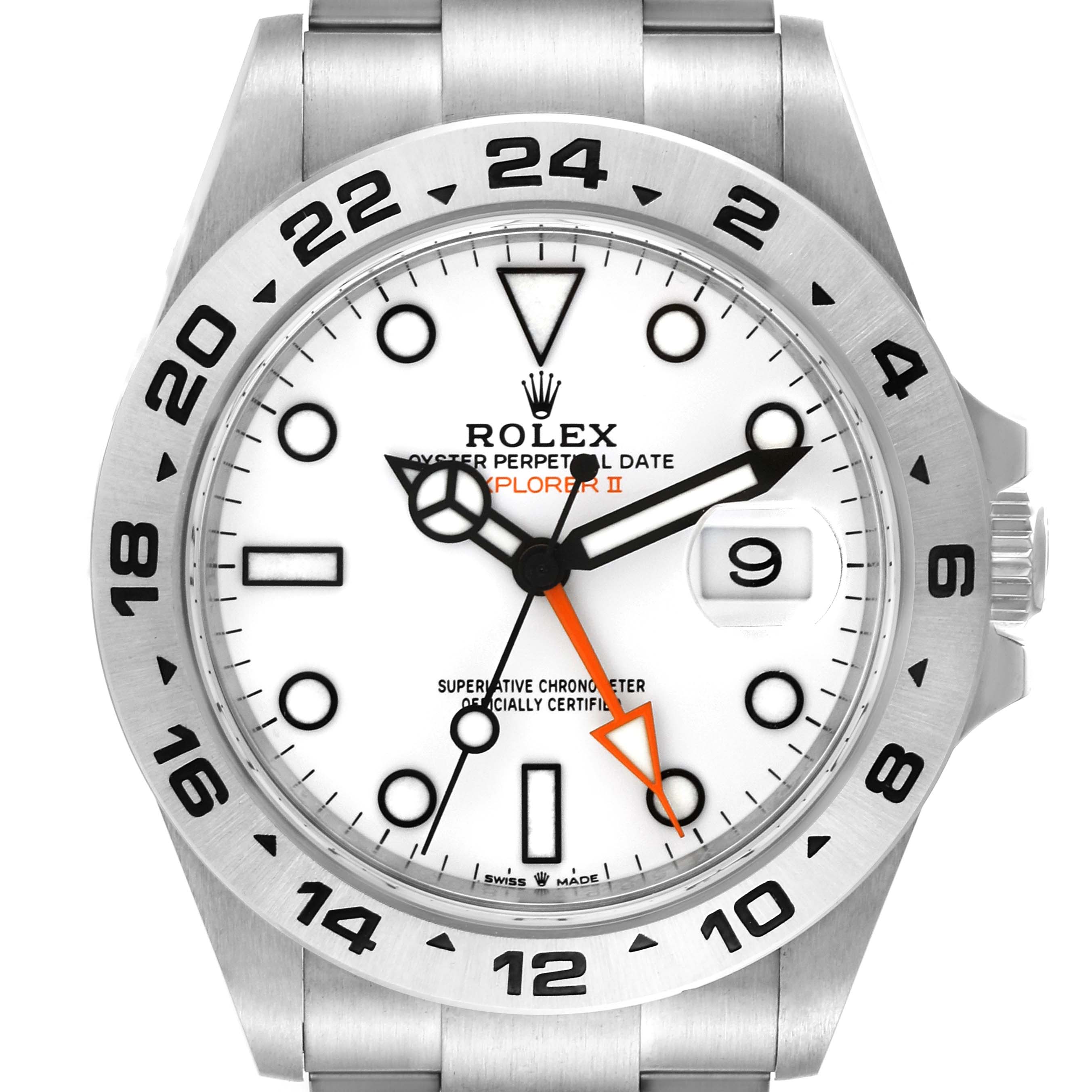 The Rolex Explorer 226570 Men
s Stainless Steel White Dial 226570 Men
s Stainless Steel White Dial watch model is shown straight-on, displaying the face, bezel, date indicator, and crown.