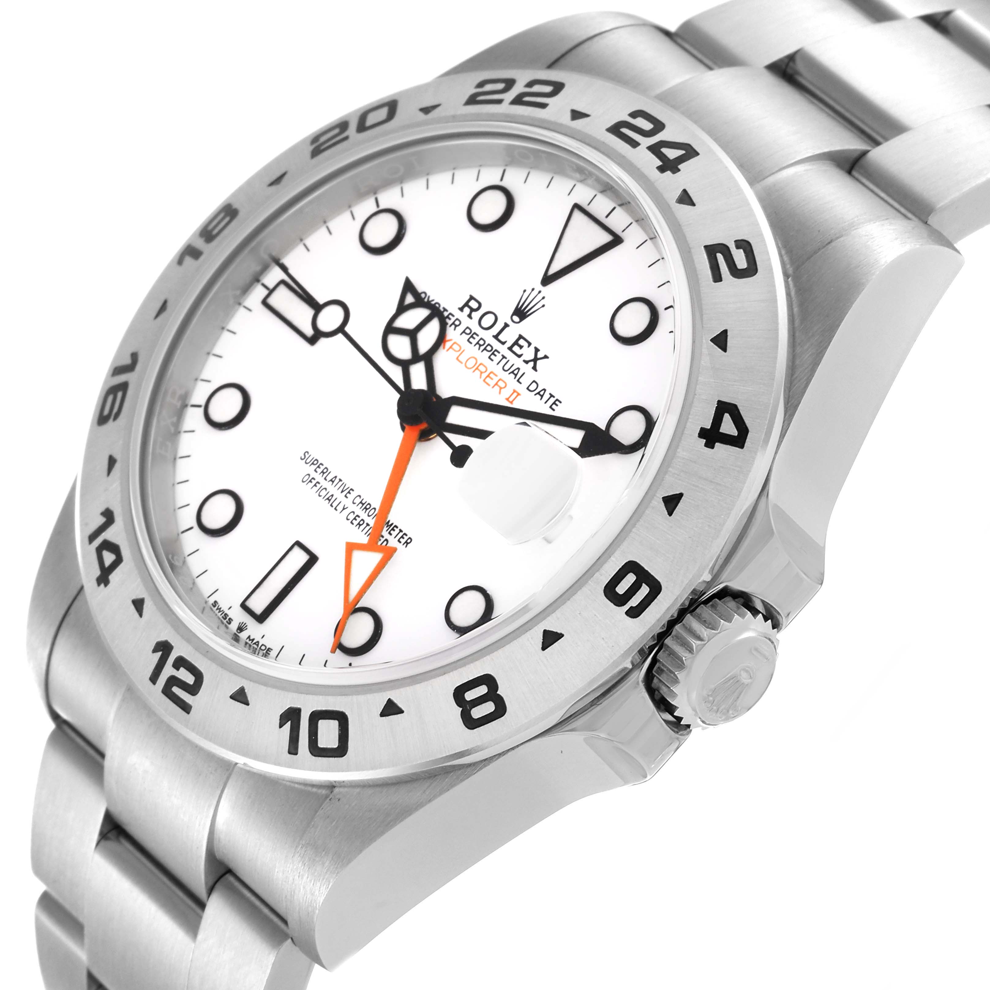The image shows a Rolex Explorer 226570 Men
s Stainless Steel White Dial 226570 Men
s Stainless Steel White Dial watch at an oblique angle, highlighting the white dial, bezel, crown, and part of the bracelet.