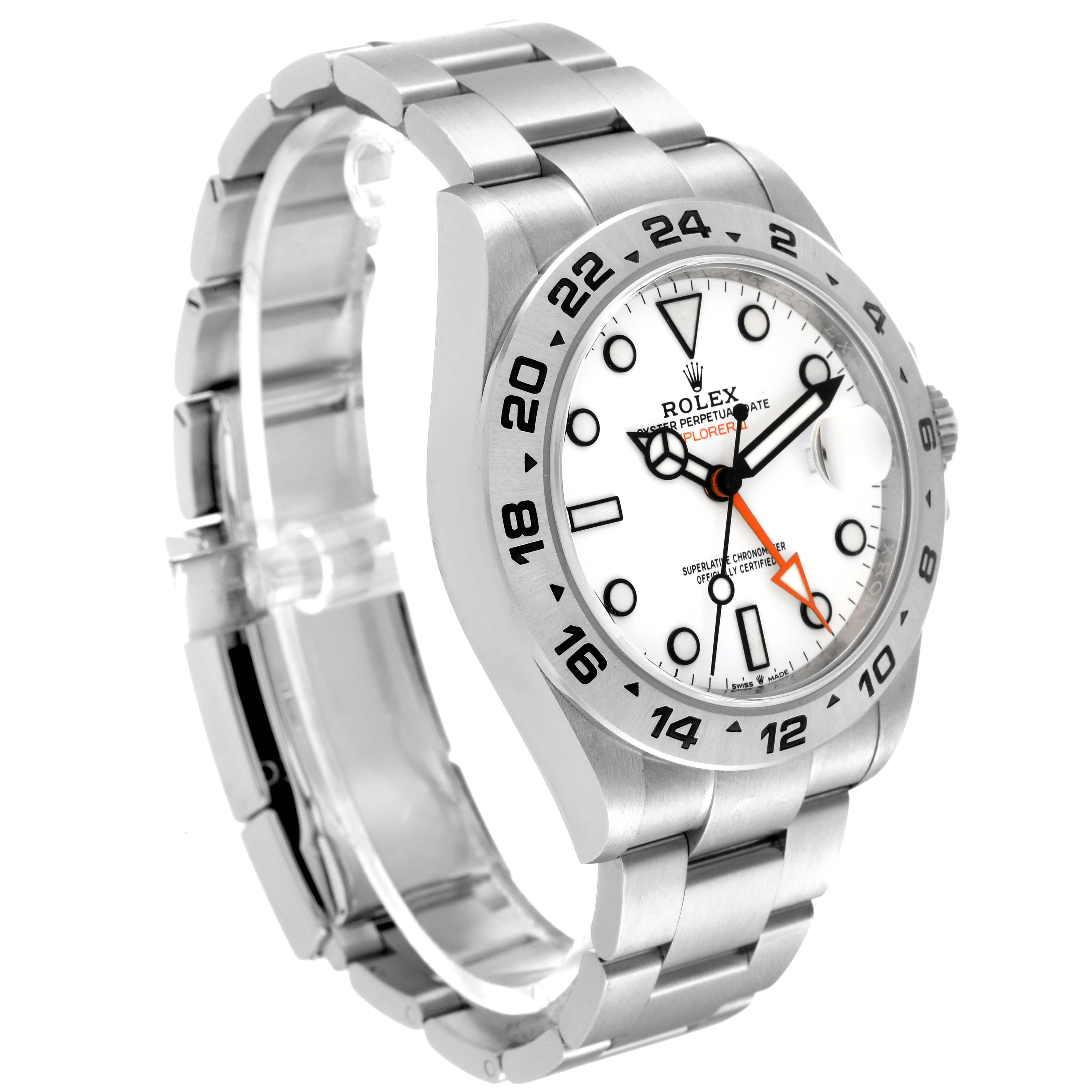 The image shows a side view of a Rolex Explorer 226570 Men
s Stainless Steel White Dial 226570 Men
s Stainless Steel White Dial watch, highlighting its stainless steel bracelet and bezel with a white dial.