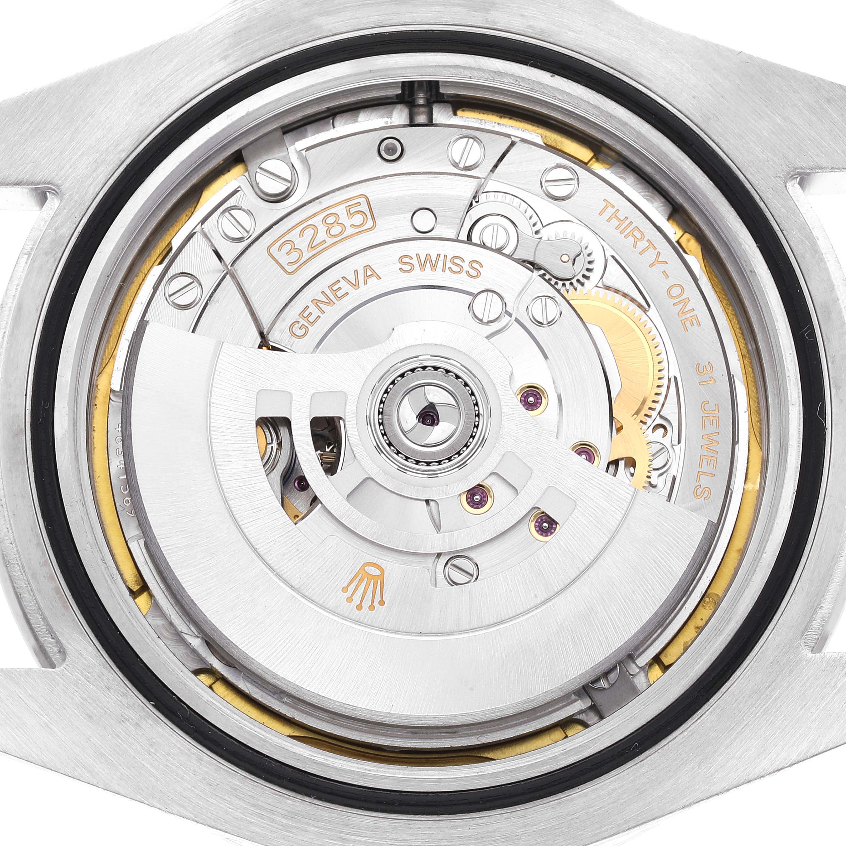 This image shows a close-up of the movement and internal components of a Rolex Explorer 226570 Men
s Stainless Steel White Dial 226570 Men
s Stainless Steel White Dial watch.