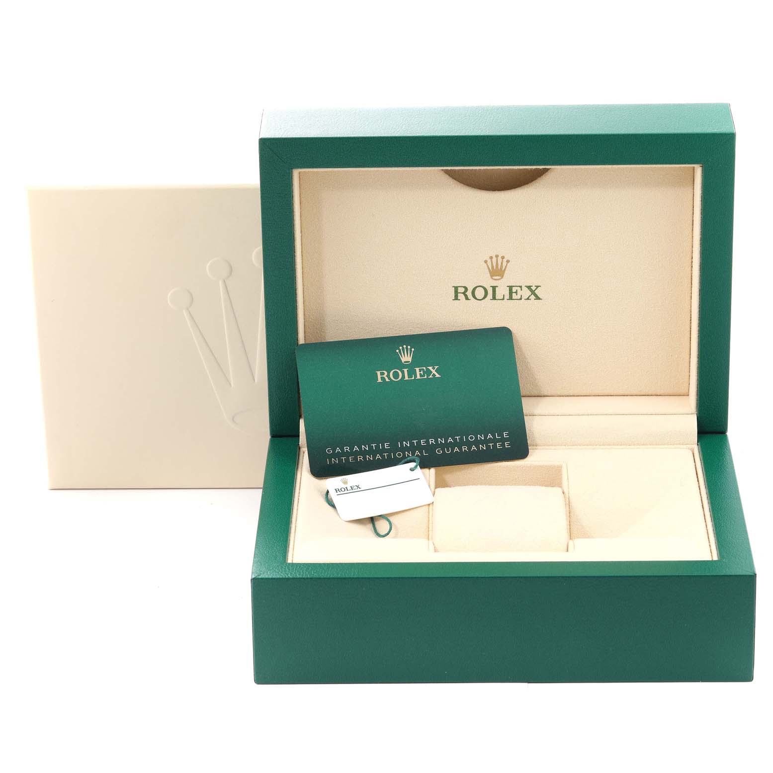 The image shows the packaging, warranty card, and accessories for a Rolex Explorer 226570 Men
s Stainless Steel White Dial 226570 Men
s Stainless Steel White Dial watch.