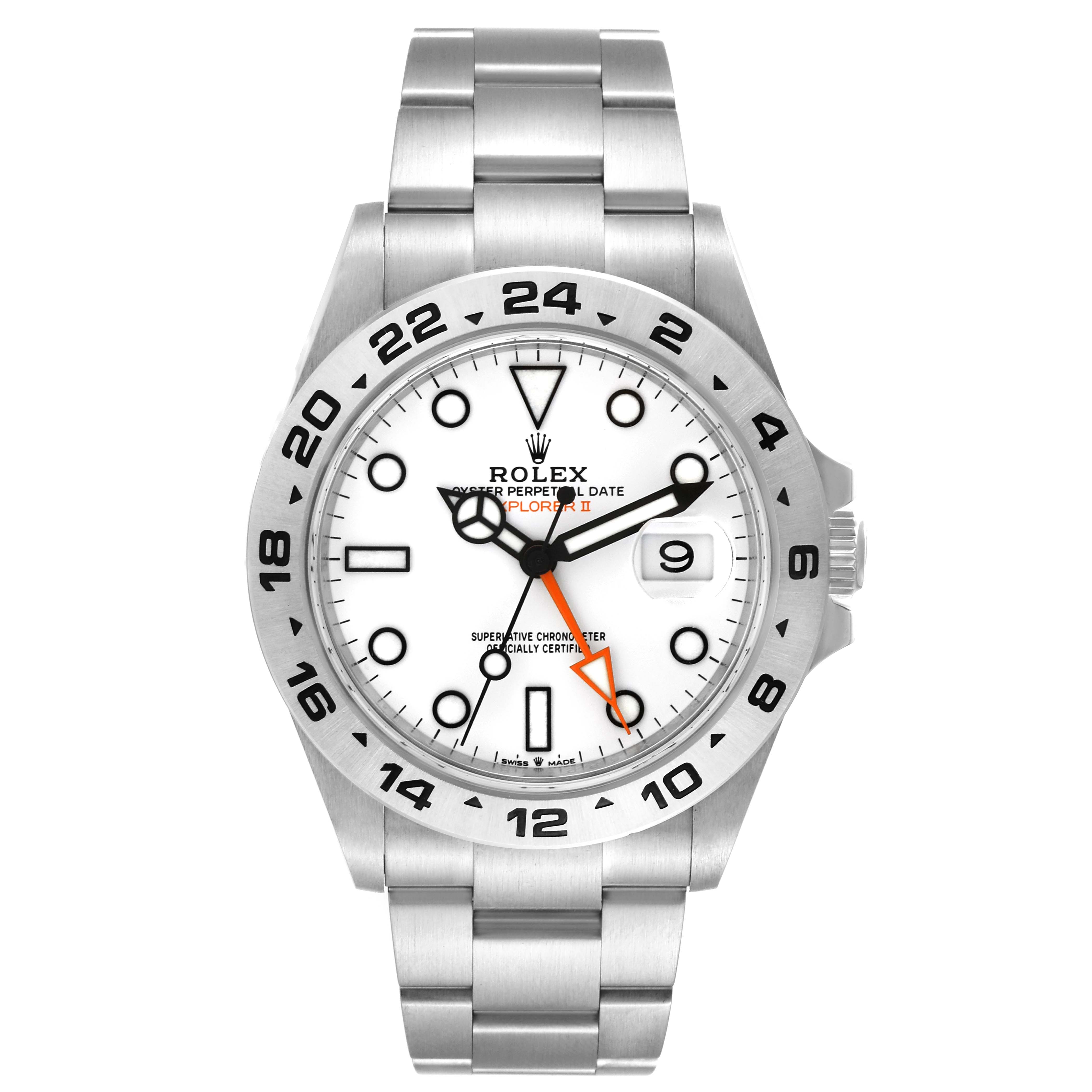 The image shows a front view of the Rolex Explorer 226570 Men
s Stainless Steel White Dial 226570 Men
s Stainless Steel White Dial watch, highlighting the dial, bezel, and bracelet.