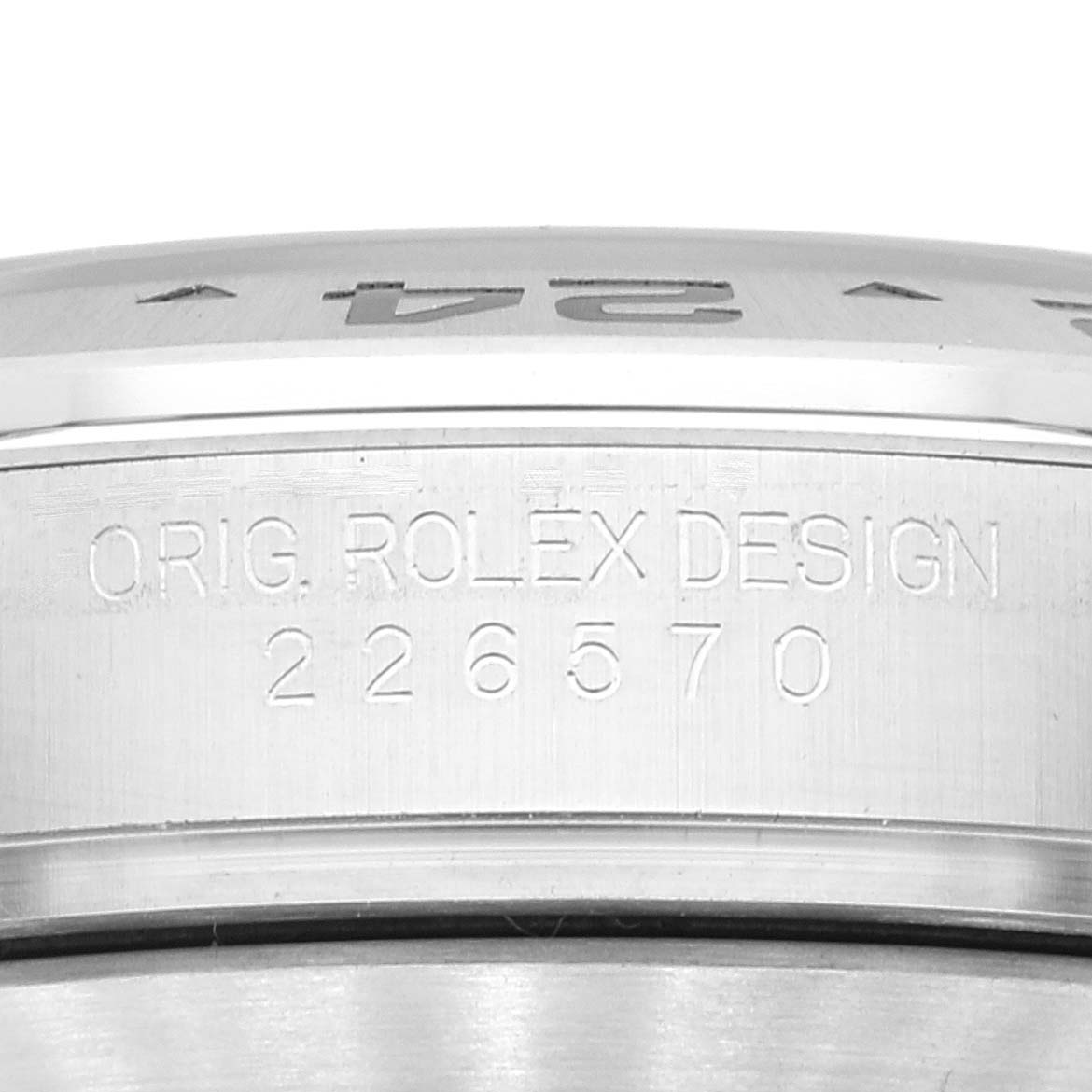This image shows a close-up side view of the casing for the Rolex Explorer 226570 Men
s Stainless Steel White Dial 226570 Men
s Stainless Steel White Dial, displaying the model and design engravings.