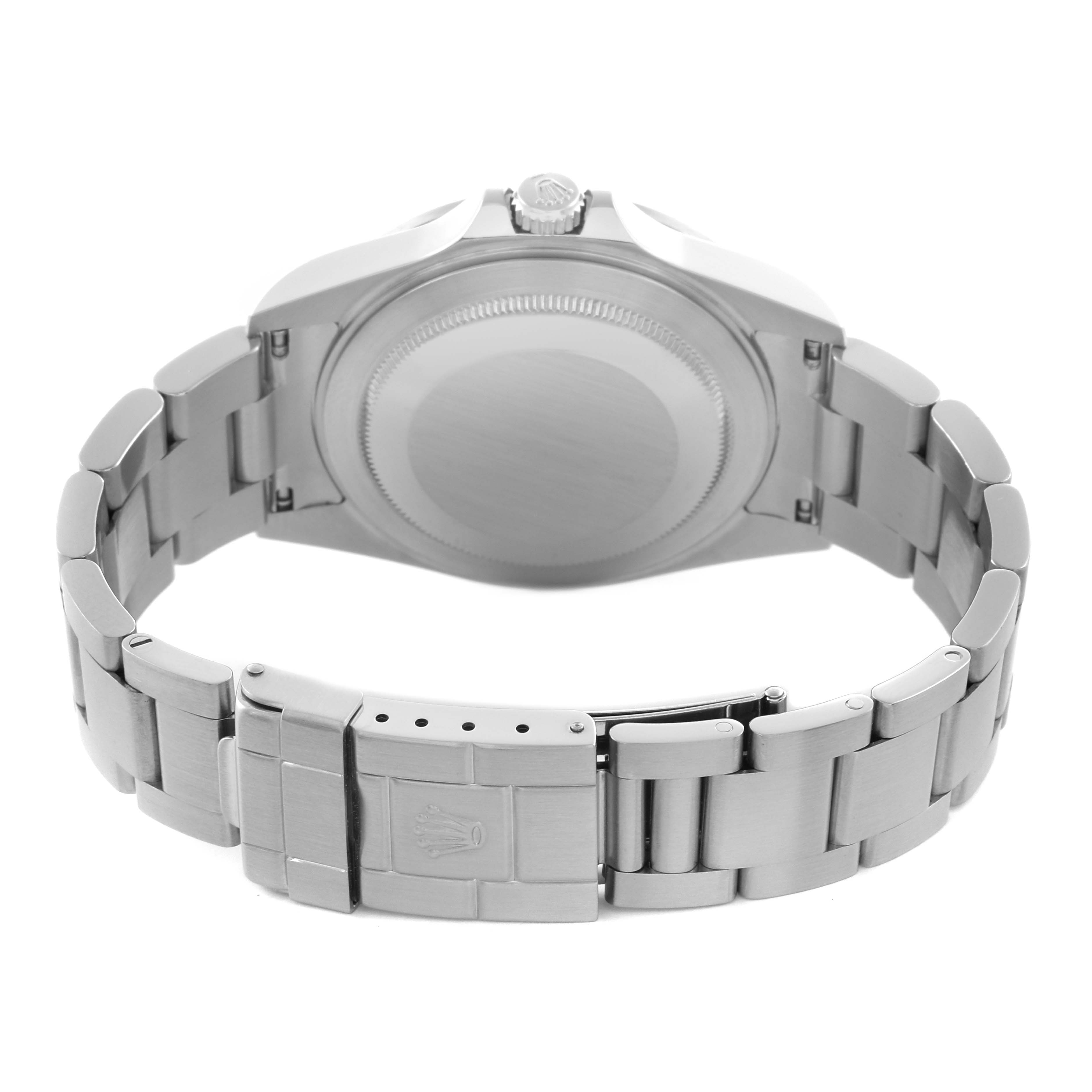 The image shows the back view of a Rolex Explorer 16570 Men's Stainless Steel White Dial 16570 Men's Stainless Steel White Dial watch, highlighting the closed case back and metal bracelet clasp.
