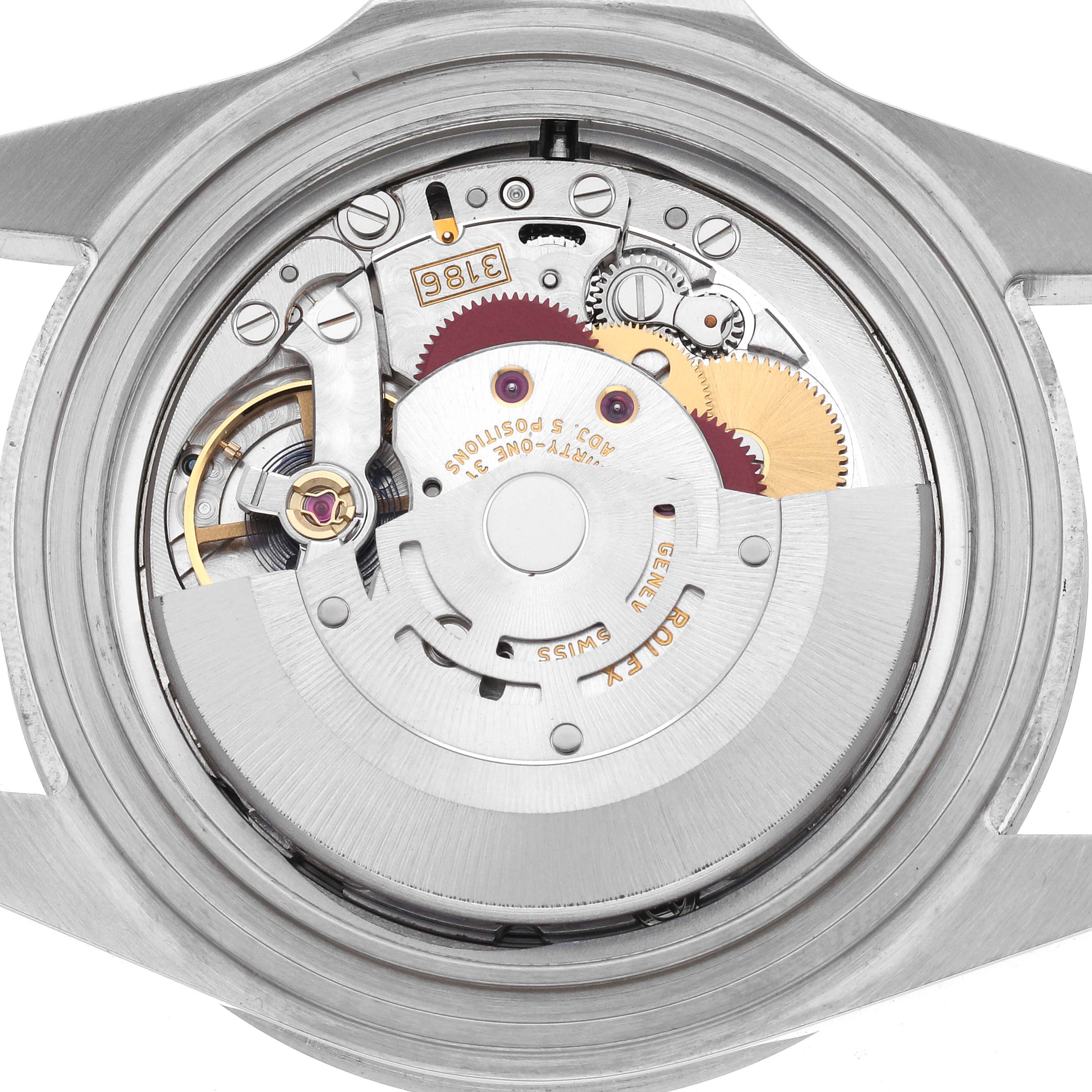 The image shows the movement of a Rolex Explorer 16570 Men's Stainless Steel White Dial 16570 Men's Stainless Steel White Dial watch from a top-down angle, highlighting the intricate gears and rotor.