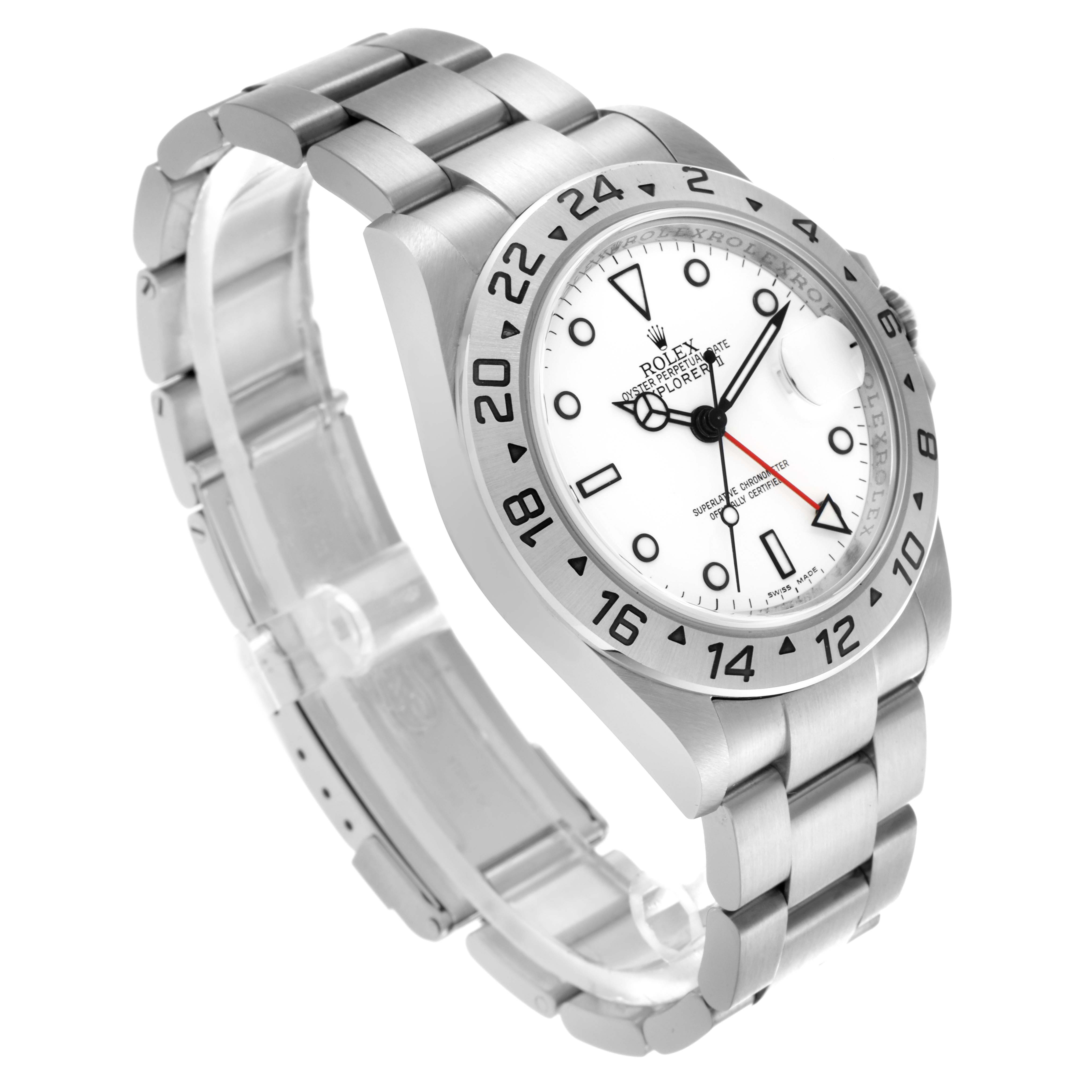 The Rolex Explorer 16570 Men's Stainless Steel White Dial 16570 Men's Stainless Steel White Dial watch is shown at a three-quarter angle, displaying the face, bezel, and bracelet.