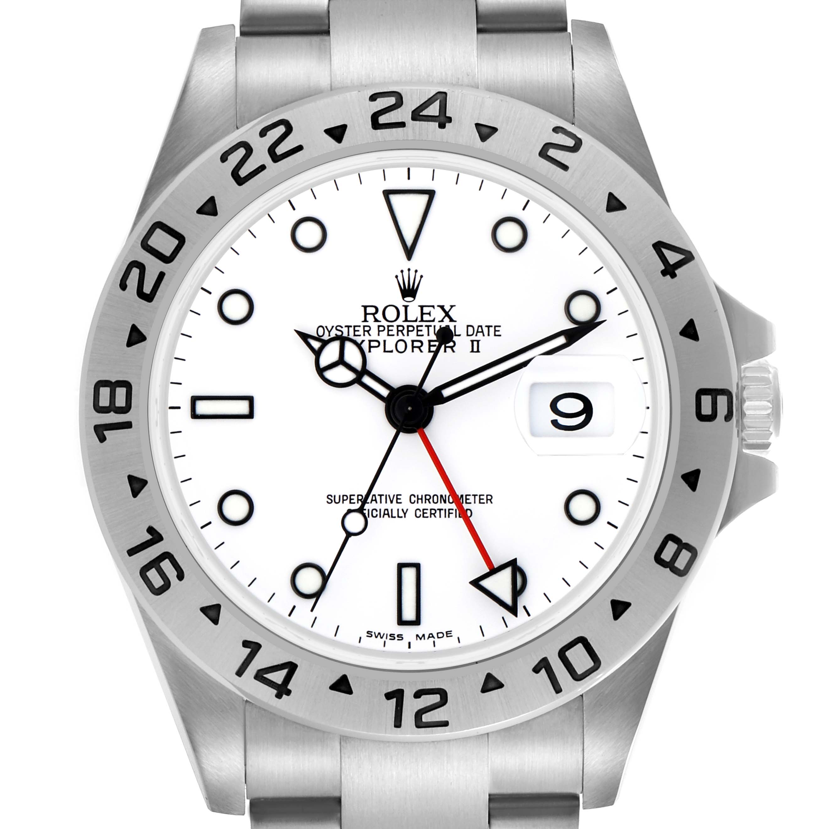The Rolex Explorer 16570 Men's Stainless Steel White Dial 16570 Men's Stainless Steel White Dial watch is shown from a front angle, displaying the dial, bezel, hands, and date.
