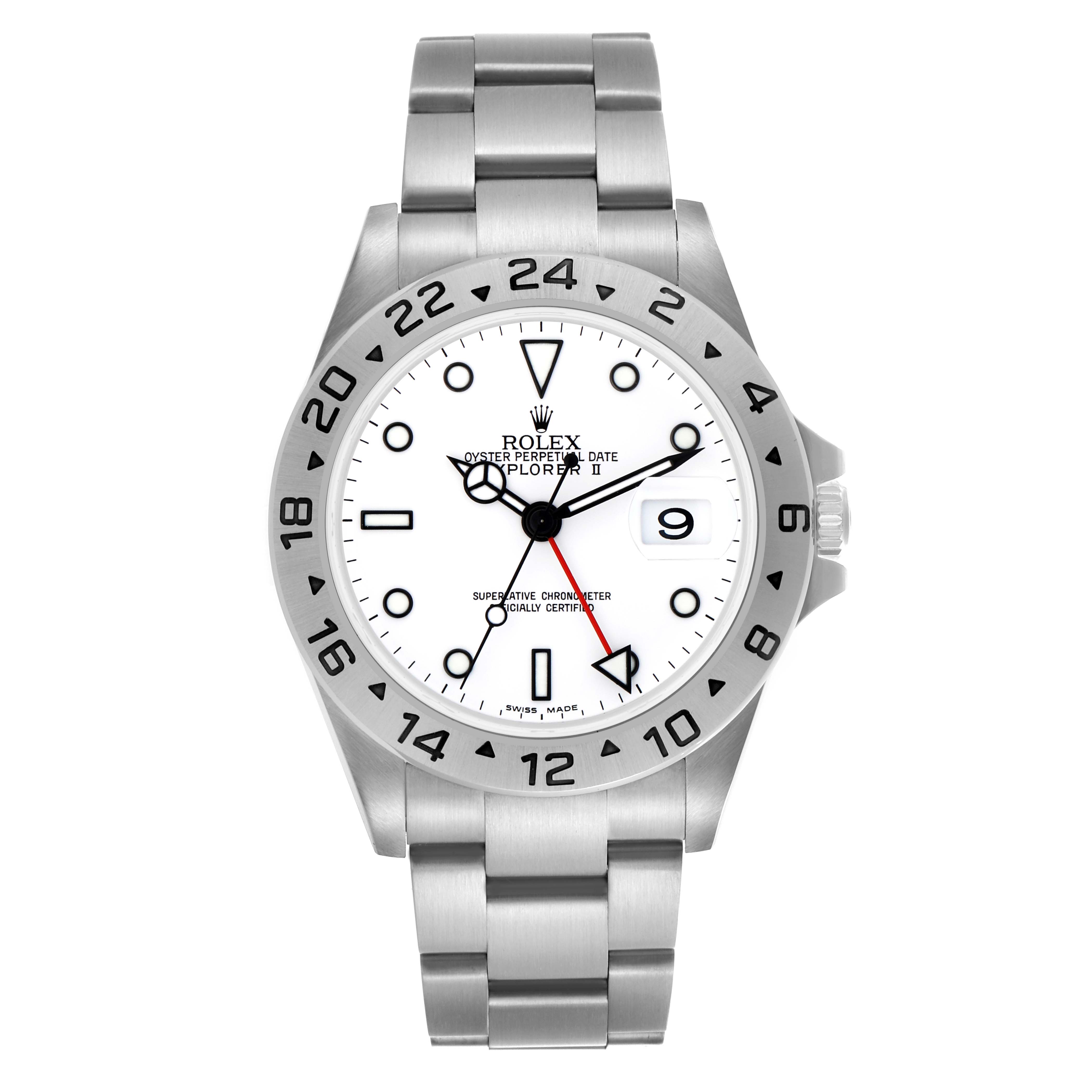 The image shows a front view of the Rolex Explorer 16570 Men's Stainless Steel White Dial 16570 Men's Stainless Steel White Dial II, highlighting the bezel, dial, hands, and bracelet.