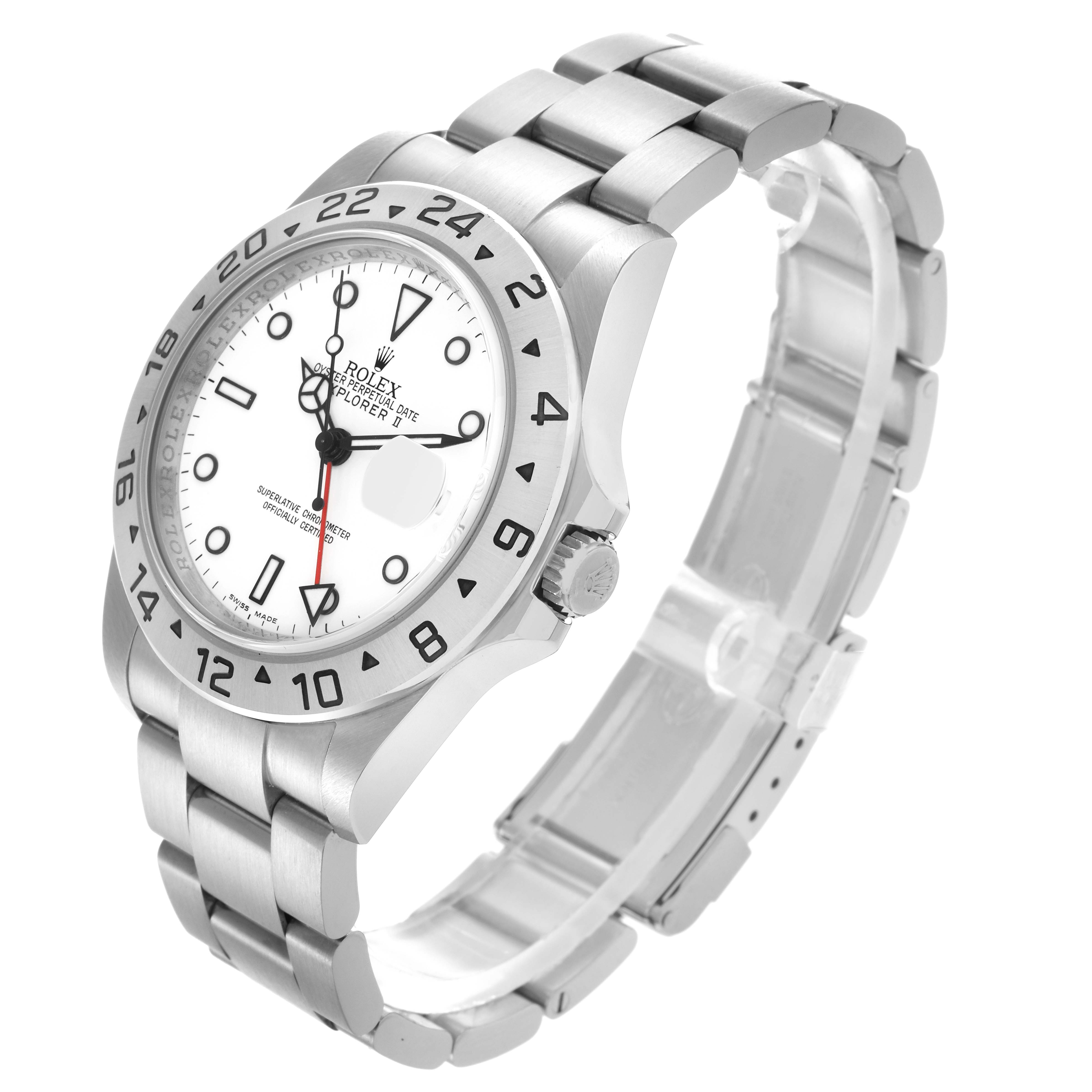 The Rolex Explorer 16570 Men's Stainless Steel White Dial 16570 Men's Stainless Steel White Dial watch is shown at a three-quarter angle, highlighting the face, bezel, crown, and bracelet details.