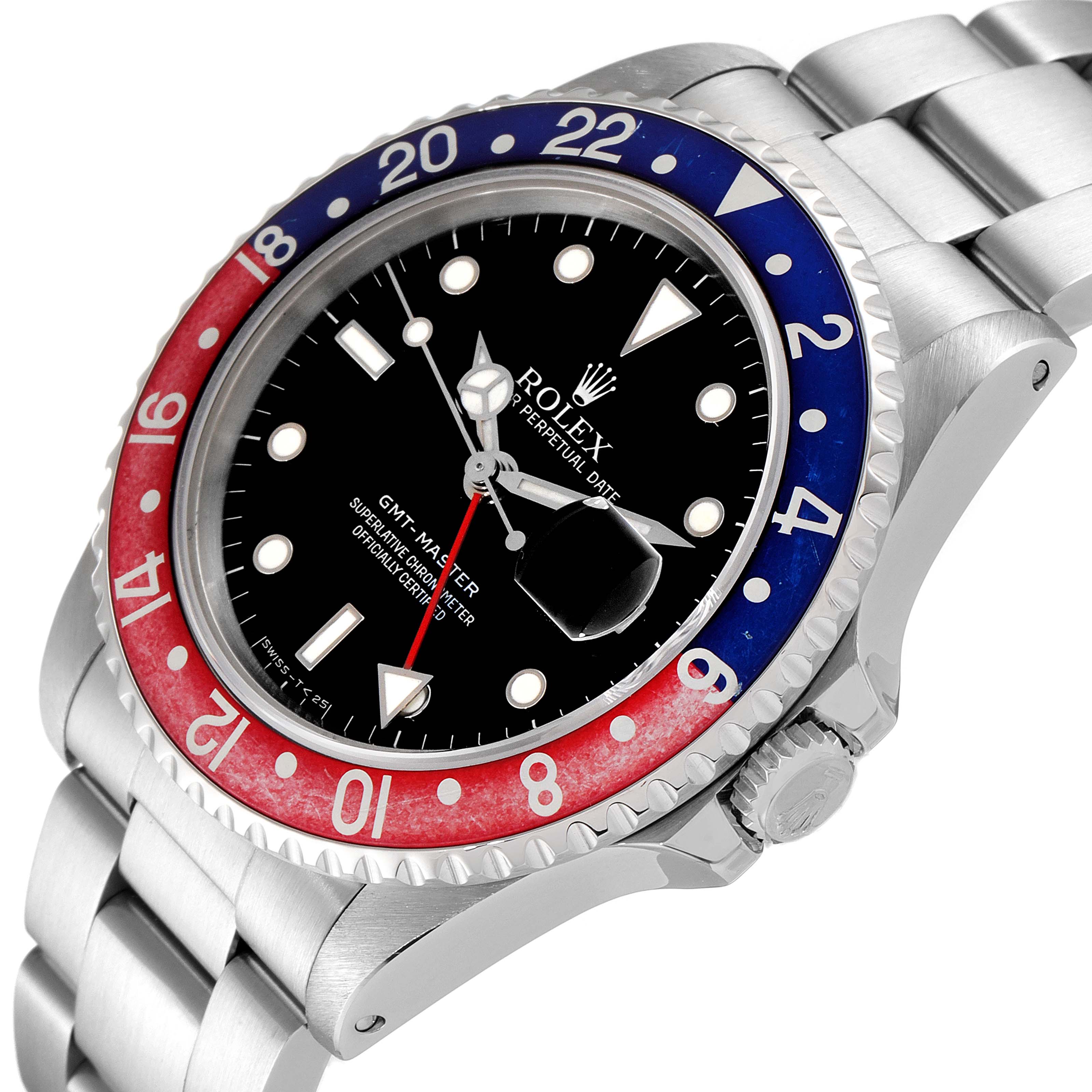This image shows a close-up, side angle view of the Rolex GMT-Master 16700 Men's Stainless Steel Black Dial 16700 Men's Stainless Steel Black Dial watch, highlighting its bezel, dial, and bracelet.