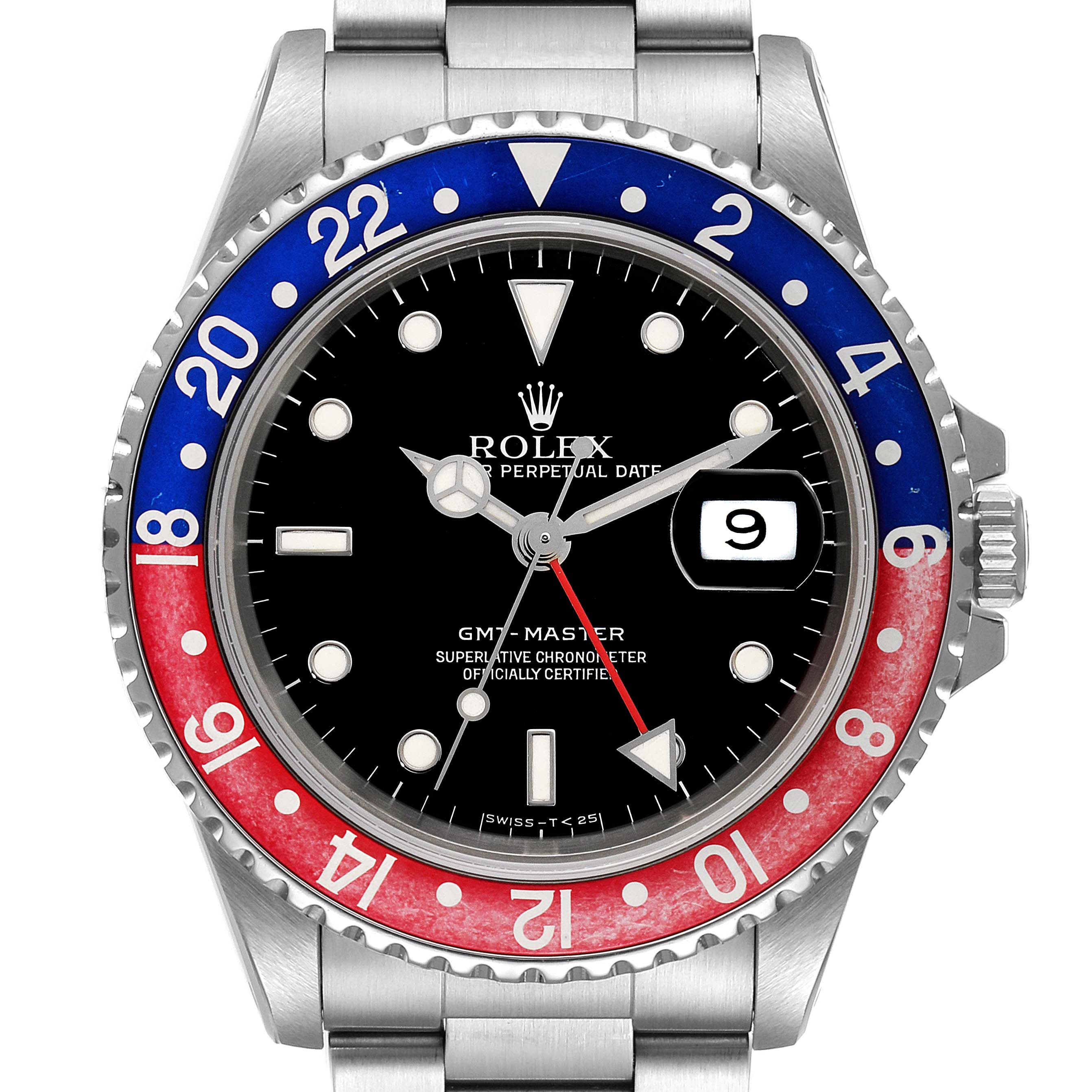 The image shows a frontal view of the Rolex GMT-Master 16700 Men's Stainless Steel Black Dial 16700 Men's Stainless Steel Black Dial watch, highlighting its blue and red bezel, black dial, and date feature.