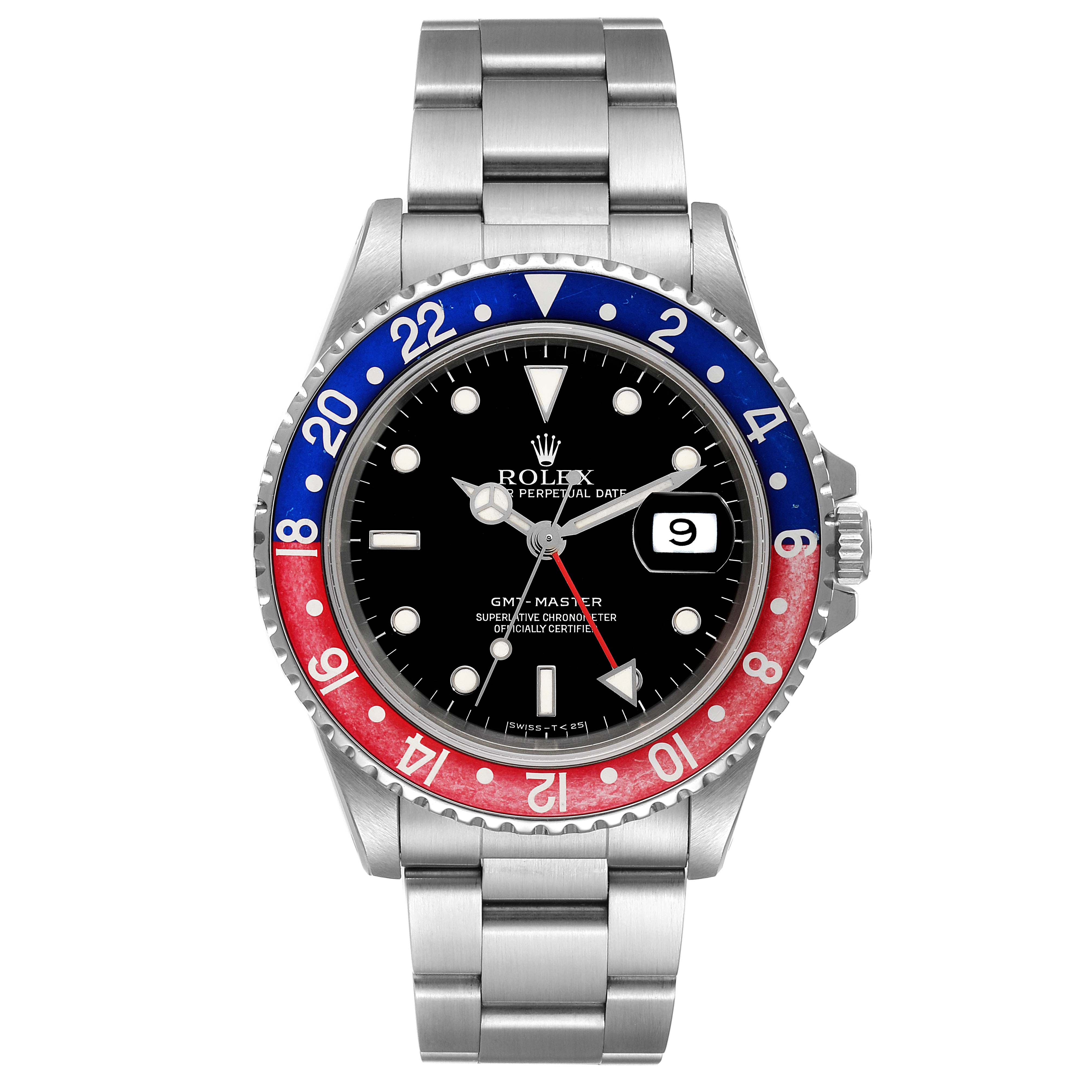 The image shows a front view of the Rolex GMT-Master 16700 Men's Stainless Steel Black Dial 16700 Men's Stainless Steel Black Dial watch, displaying the dial, bezel, case, and bracelet.