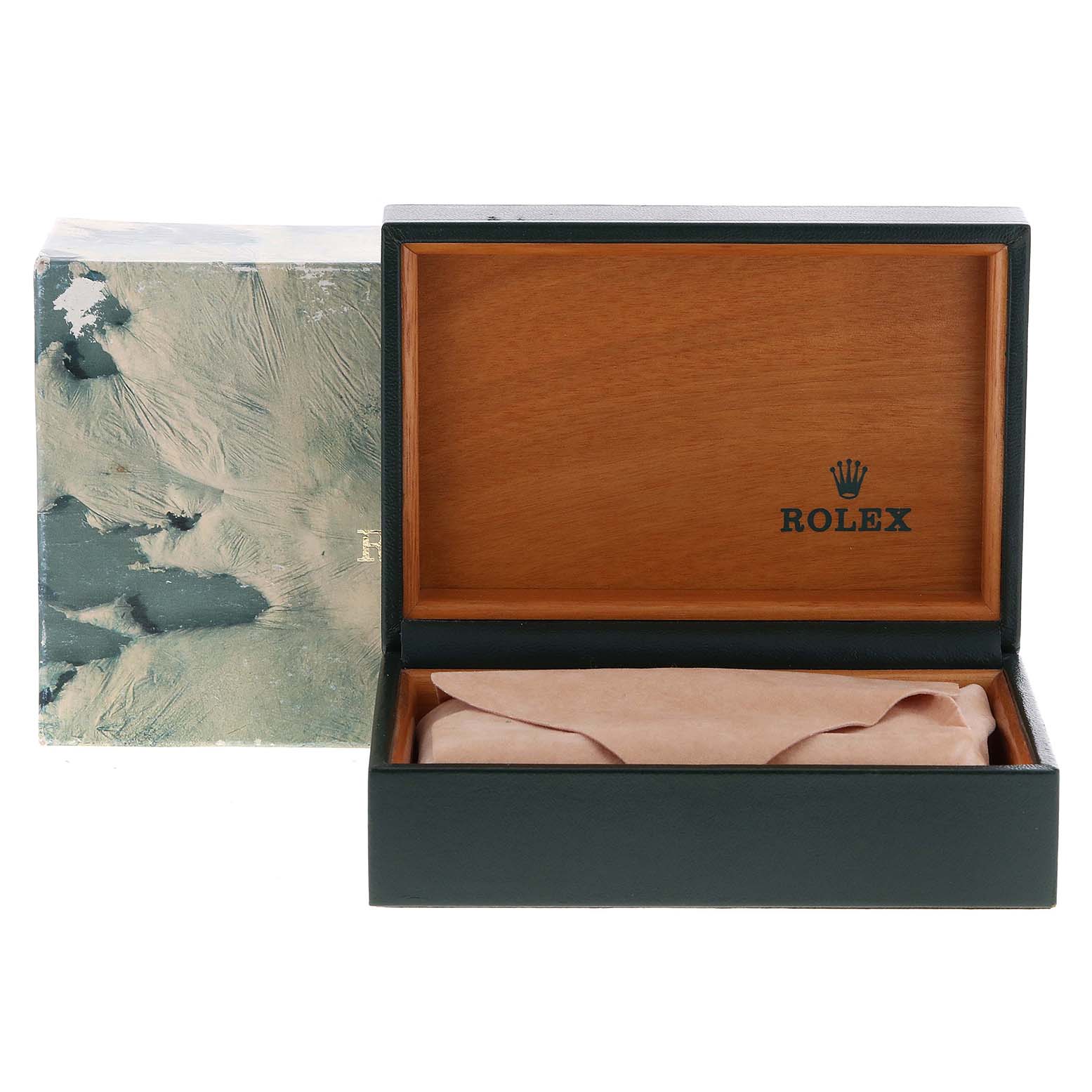 The image shows an open Rolex GMT-Master 16700 Men's Stainless Steel Black Dial 16700 Men's Stainless Steel Black Dial watch box, revealing the interior wooden lining and the Rolex logo.