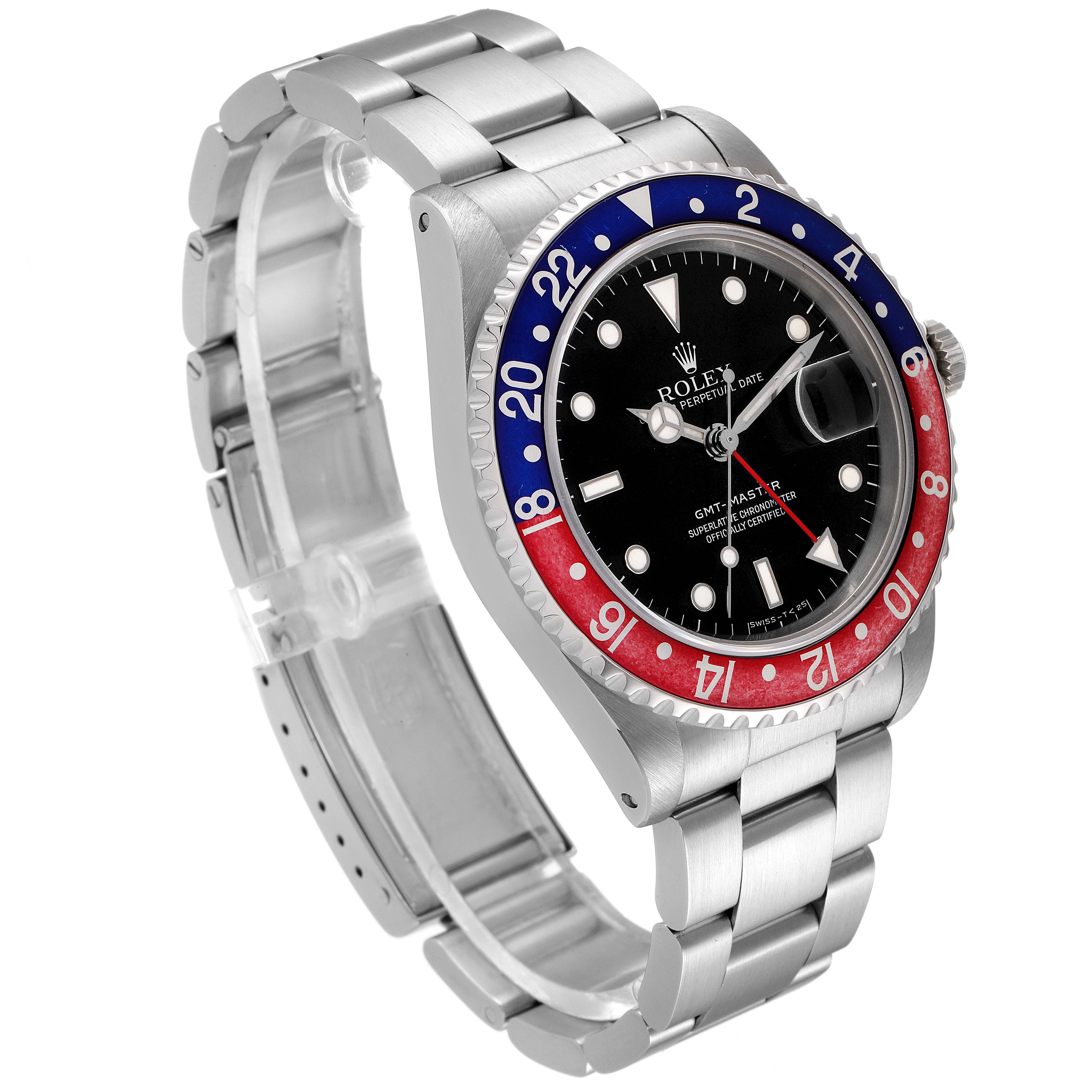 The image shows a side and front angle of the Rolex GMT-Master 16700 Men's Stainless Steel Black Dial 16700 Men's Stainless Steel Black Dial watch, highlighting its bezel, dial, and bracelet.