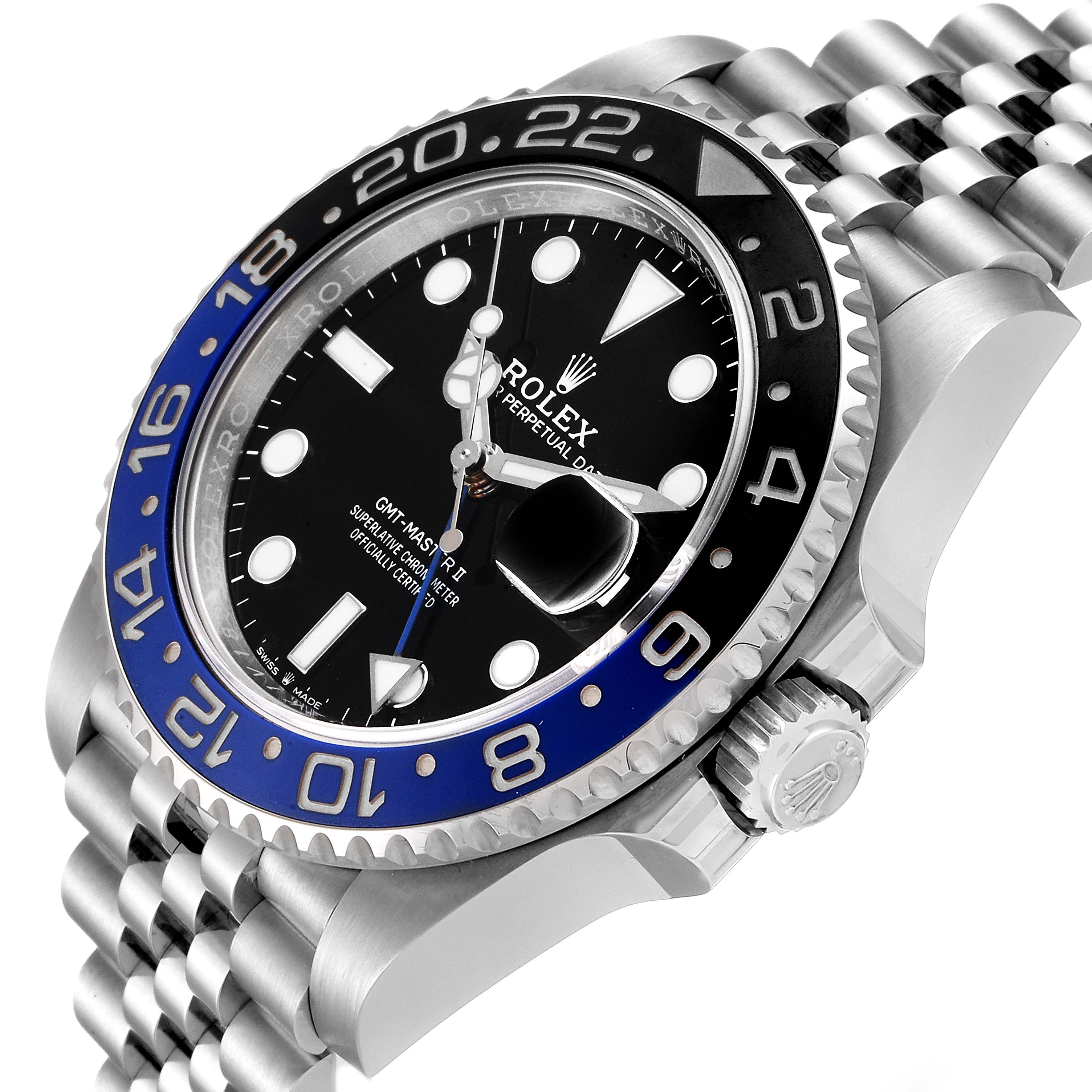 The image shows a close-up angled view of a Rolex GMT-Master 126710 Men
s Stainless Steel Black Dial 126710 Men
s Stainless Steel Black Dial watch, highlighting its face, bezel, and bracelet.