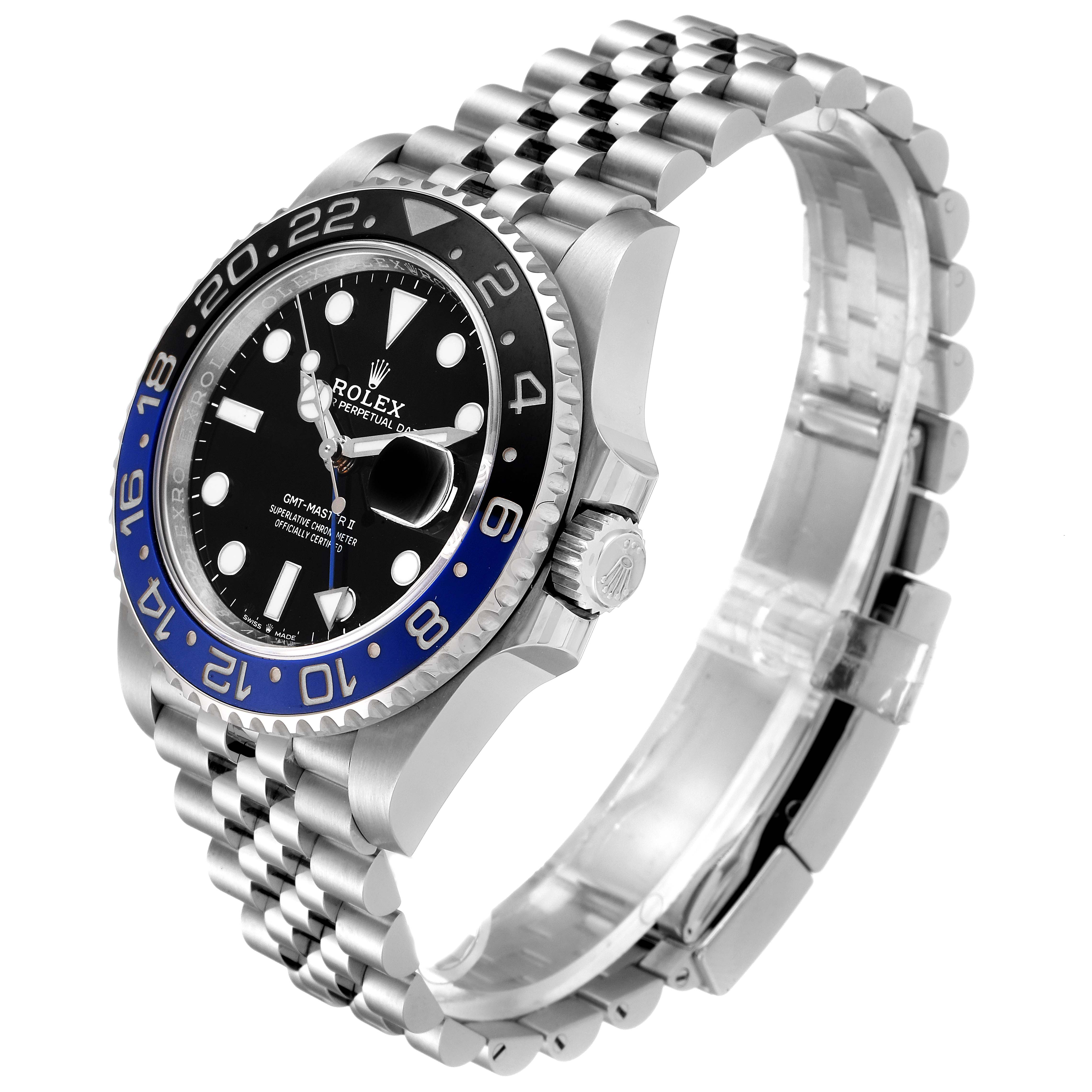 The image shows a side and partial top view of a Rolex GMT-Master 126710 Men
s Stainless Steel Black Dial 126710 Men
s Stainless Steel Black Dial watch, including the bezel, dial, crown, and bracelet.