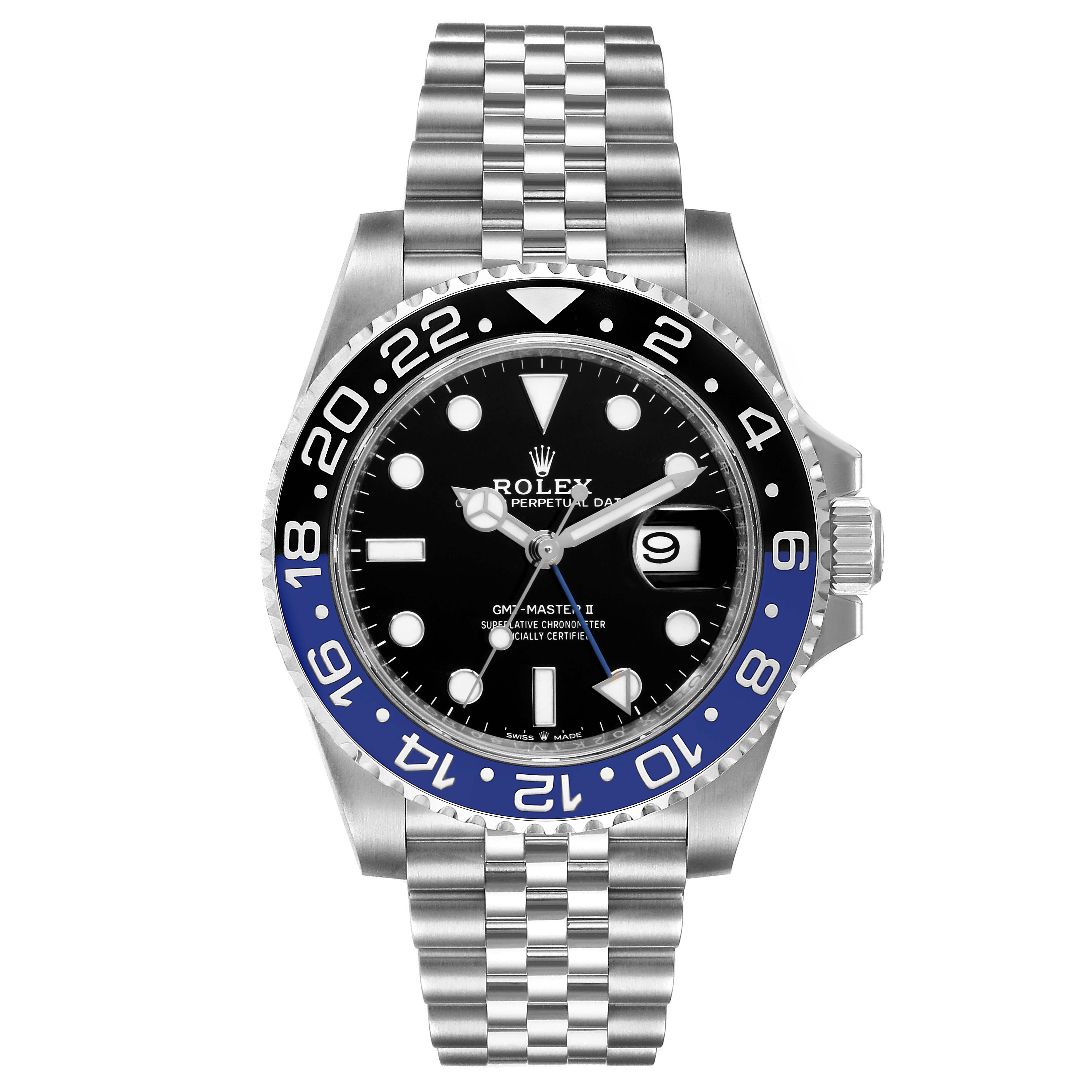 The image shows a frontal view of a Rolex GMT-Master 126710 Men
s Stainless Steel Black Dial 126710 Men
s Stainless Steel Black Dial II watch, highlighting its black and blue bezel, black dial, and jubilee bracelet.