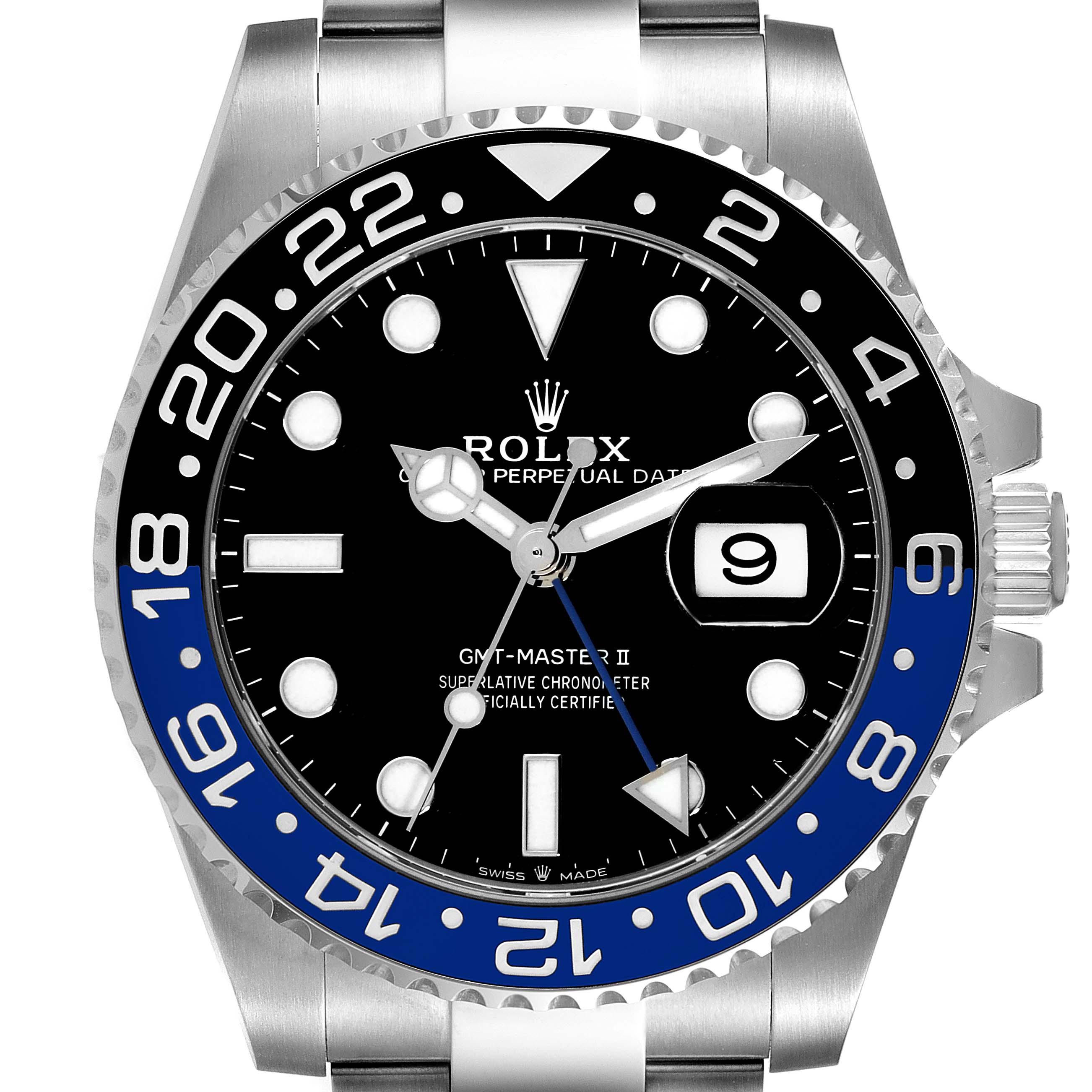This image shows a front view of the Rolex GMT-Master 126710 Men
s Stainless Steel Black Dial 126710 Men
s Stainless Steel Black Dial II watch, highlighting the face, bezel, crown, and bracelet.