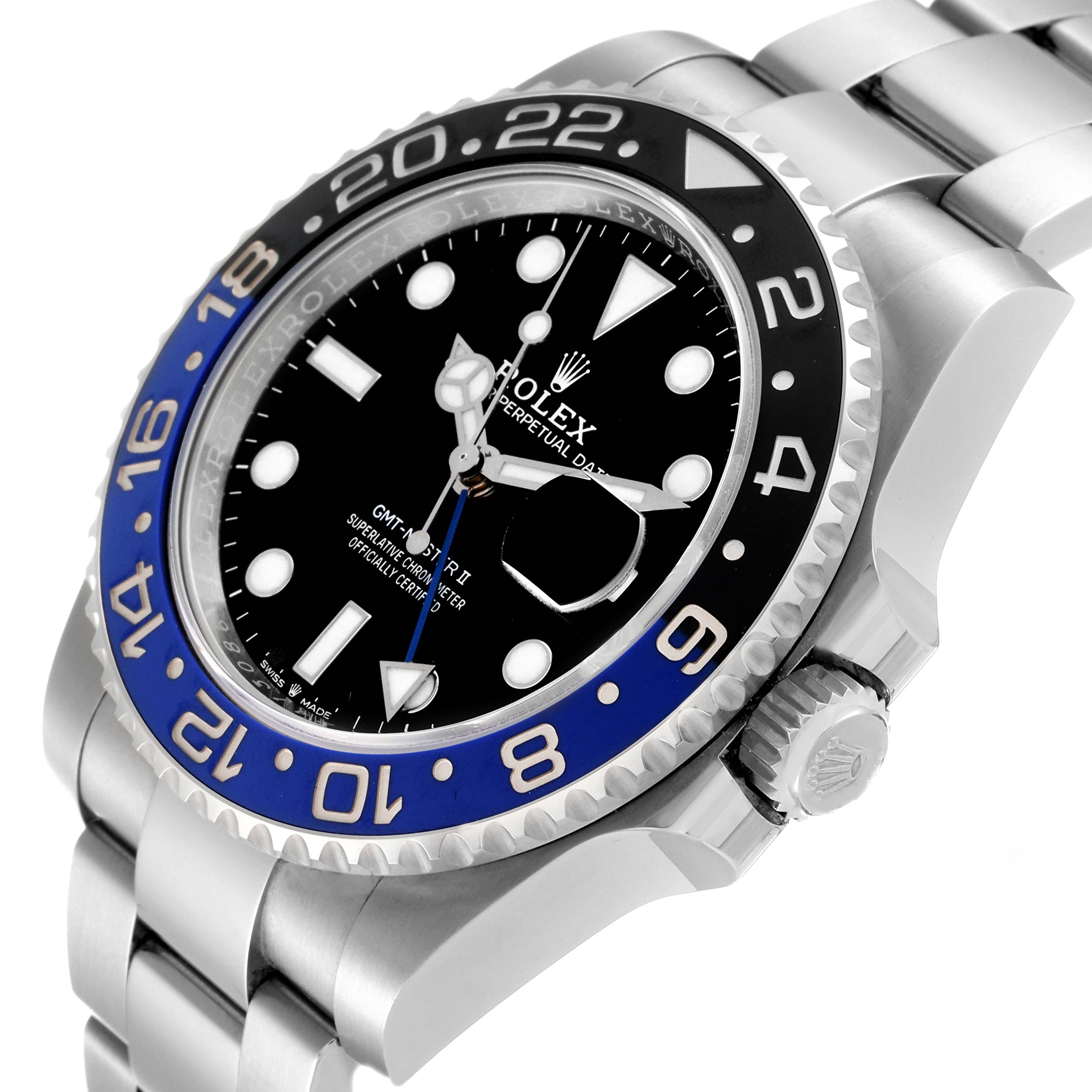 This image shows the Rolex GMT-Master 126710 Men
s Stainless Steel Black Dial 126710 Men
s Stainless Steel Black Dial watch at an angled close-up view, highlighting the bezel, dial, hands, and part of the bracelet.