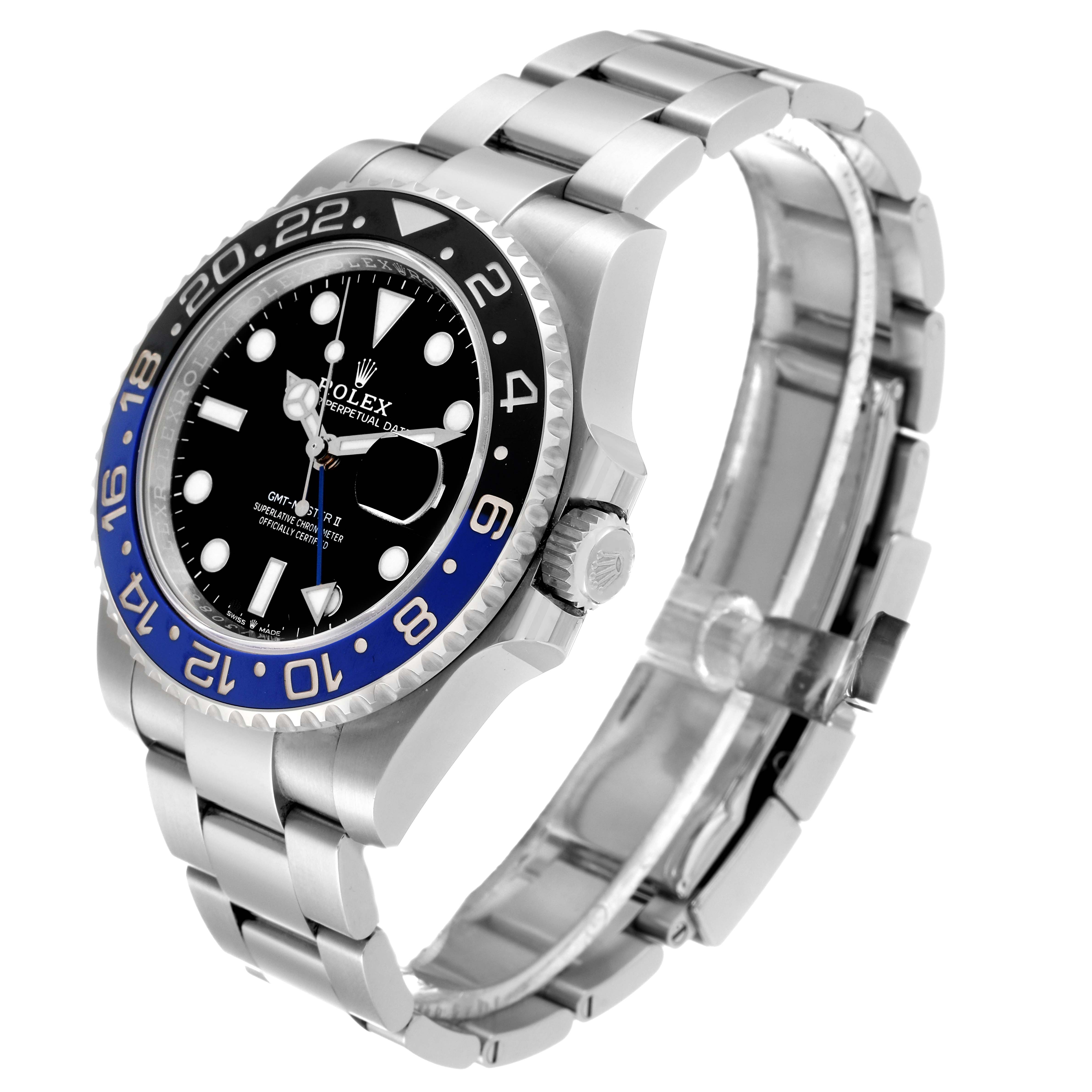 The Rolex GMT-Master 126710 Men
s Stainless Steel Black Dial 126710 Men
s Stainless Steel Black Dial watch is shown at an angled side view, displaying the face, bezel, crown, and bracelet.