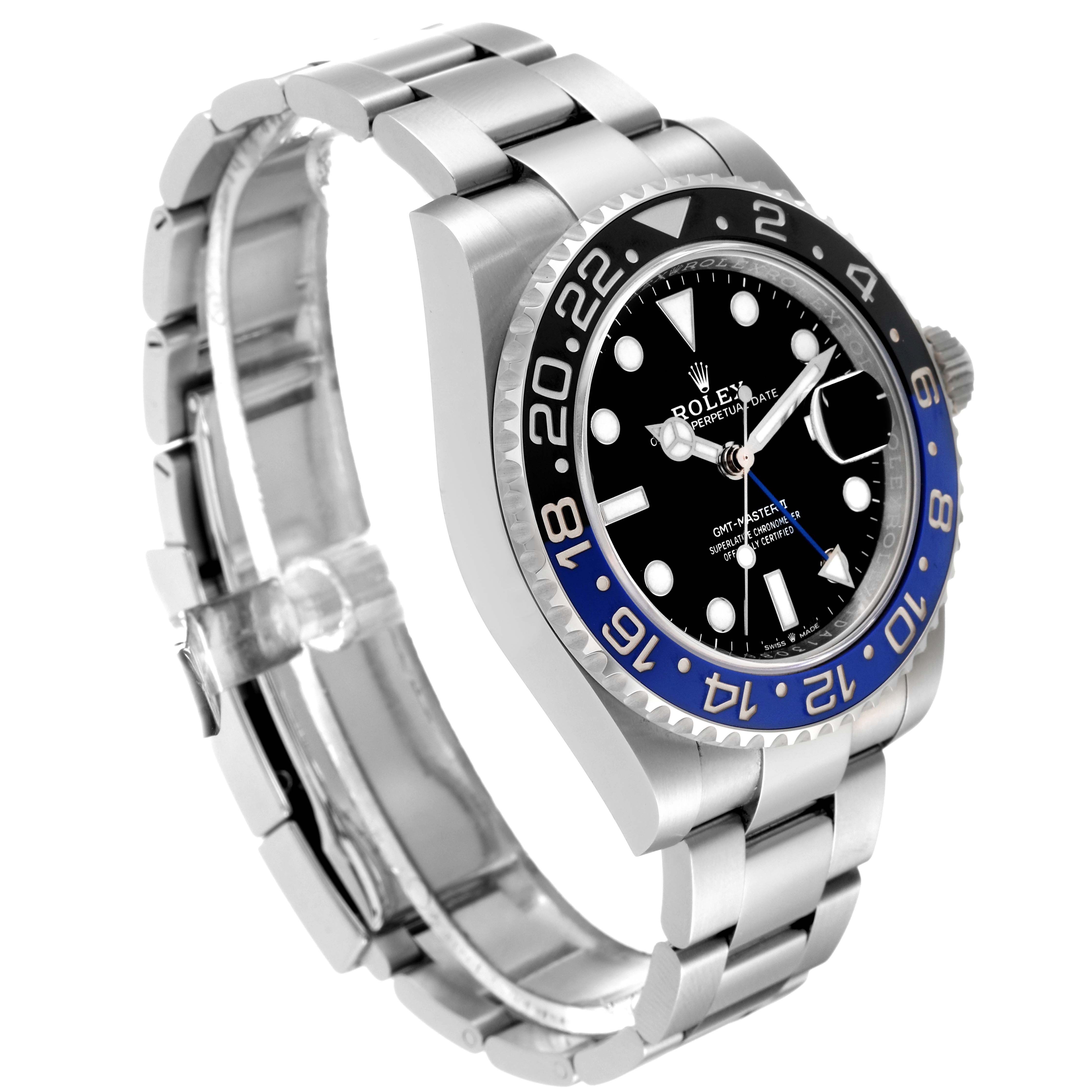 The image shows a side view of the Rolex GMT-Master 126710 Men
s Stainless Steel Black Dial 126710 Men
s Stainless Steel Black Dial watch, highlighting its bezel, dial, and bracelet.