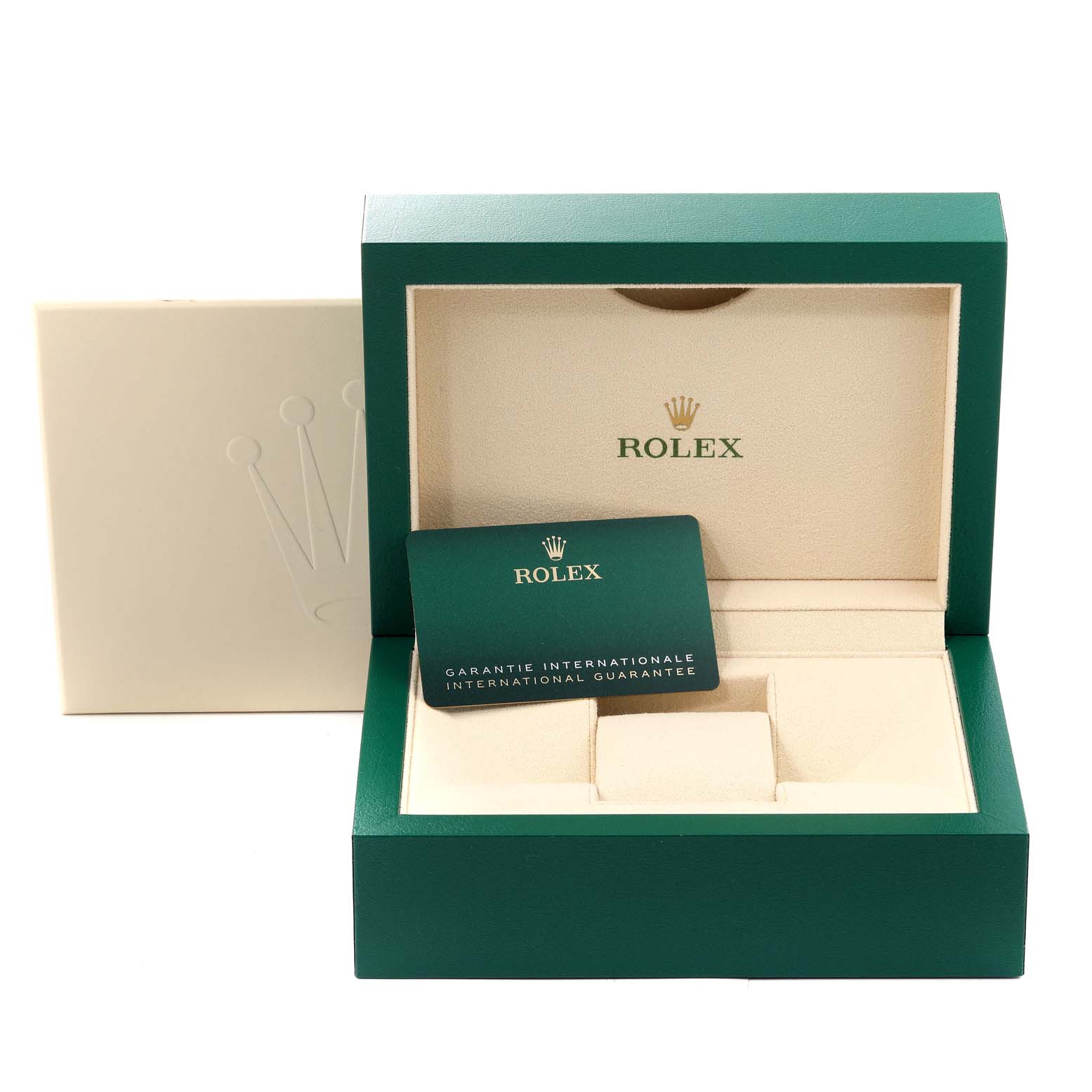 The image shows the open box of a Rolex GMT-Master 126710 Men
s Stainless Steel Black Dial 126710 Men
s Stainless Steel Black Dial, including the outer box and the international guarantee card.