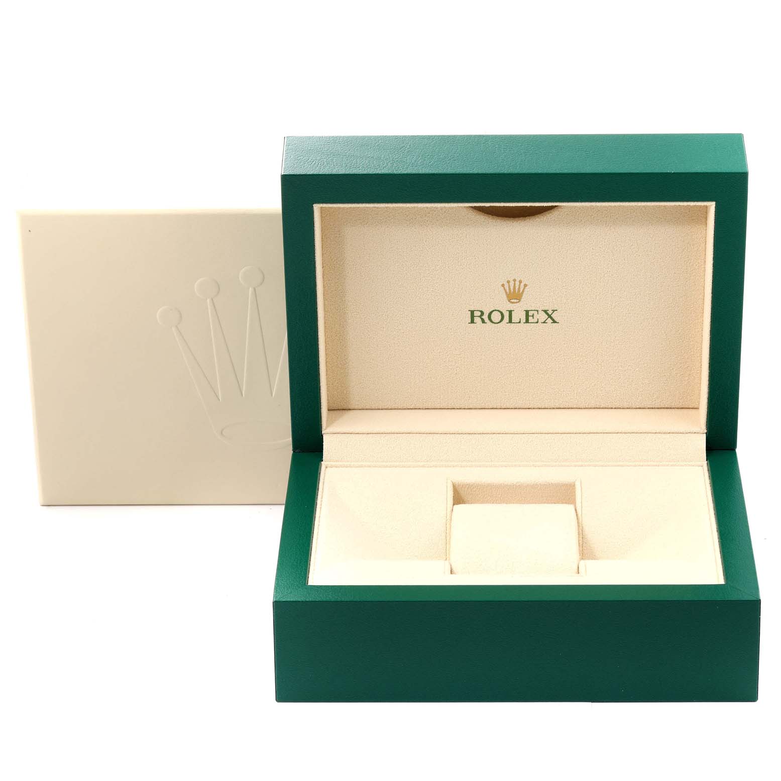 The image shows an open, empty Rolex watch box with a beige interior and green exterior for the GMT-Master model.