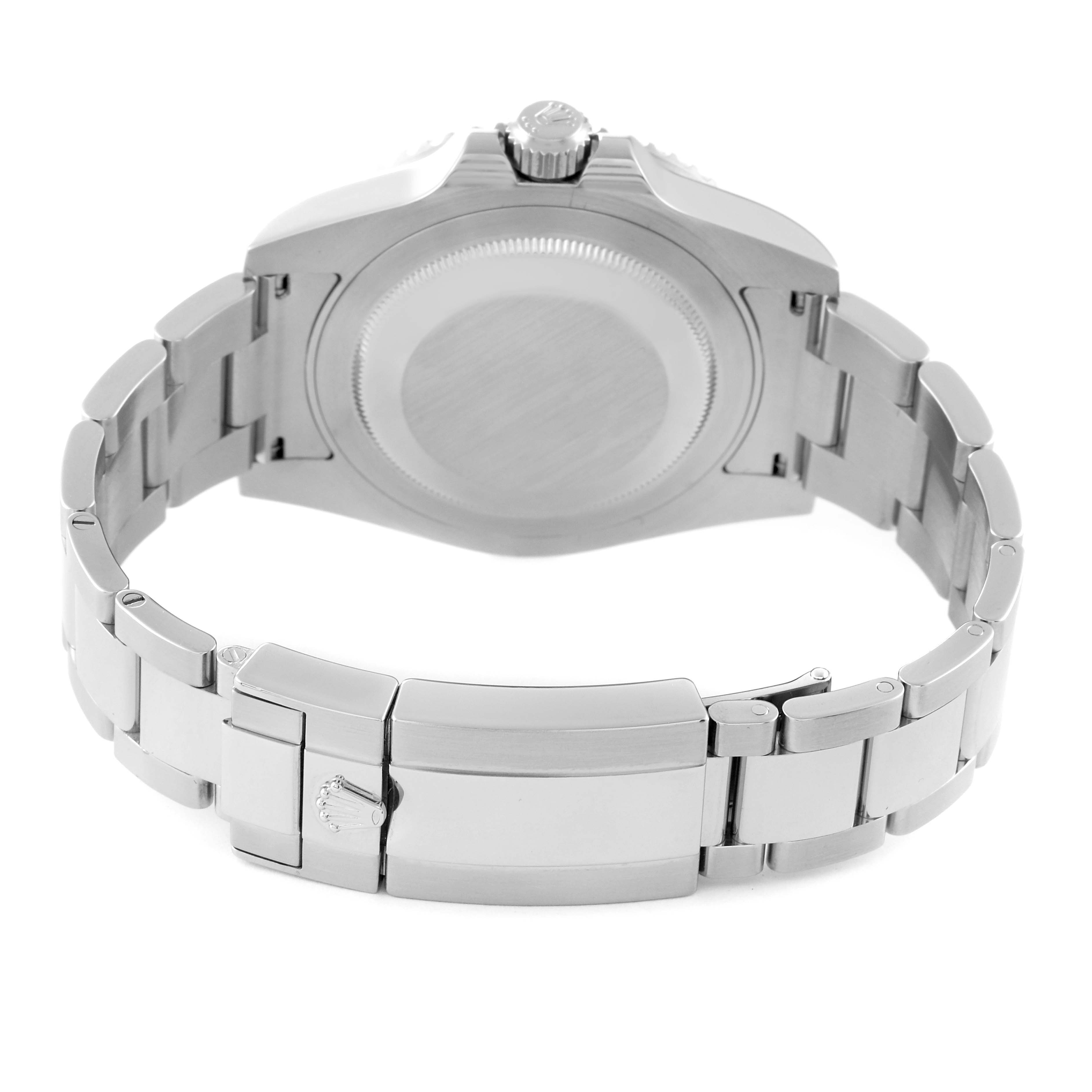 The image shows the back view of the Rolex GMT-Master 116710 Men
s Stainless Steel Black Dial 116710 Men
s Stainless Steel Black Dial watch, focusing on the case back and metal bracelet with a clasp.