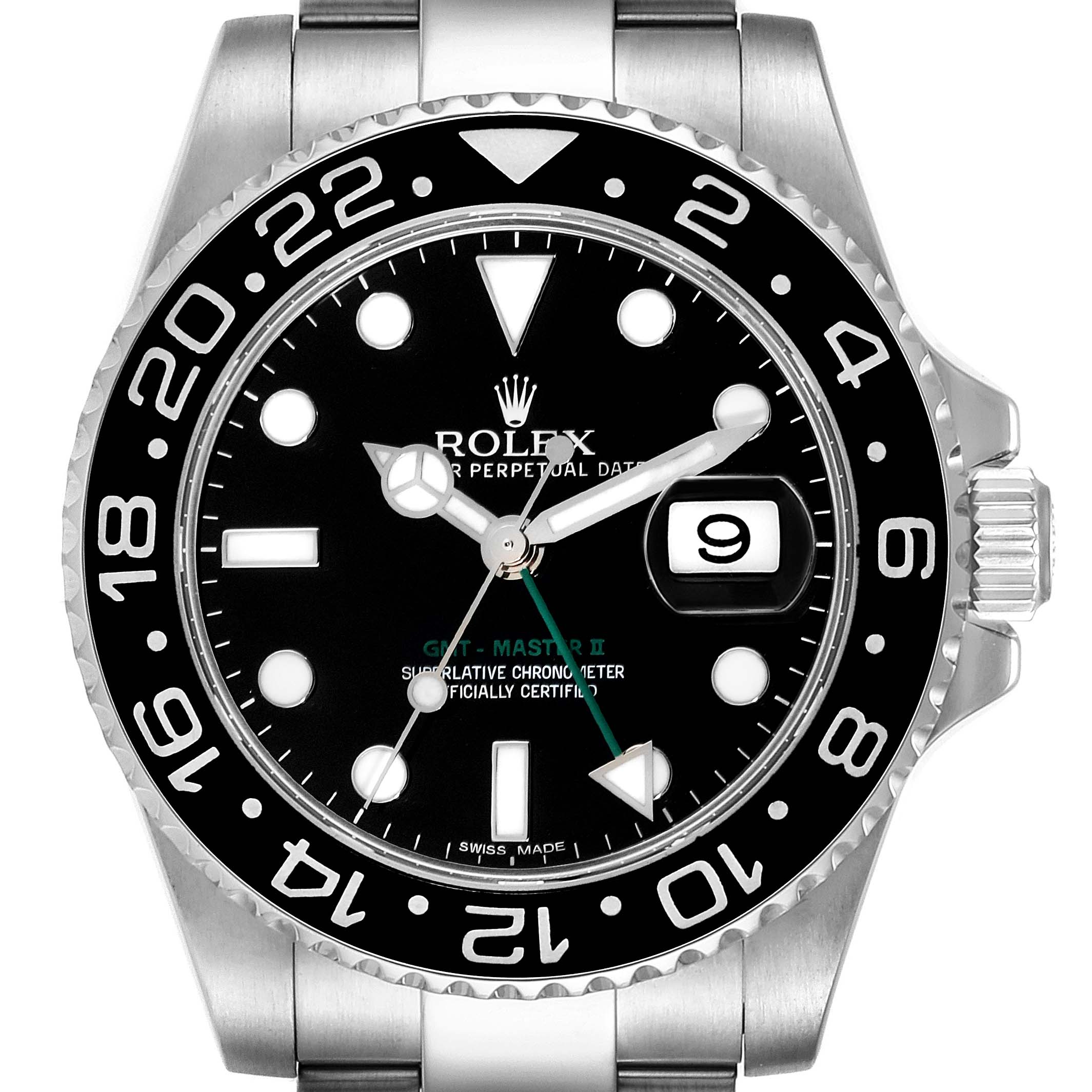 The image shows a front view of a Rolex GMT-Master 116710 Men
s Stainless Steel Black Dial 116710 Men
s Stainless Steel Black Dial watch, focusing on the dial, bezel, and part of the bracelet.