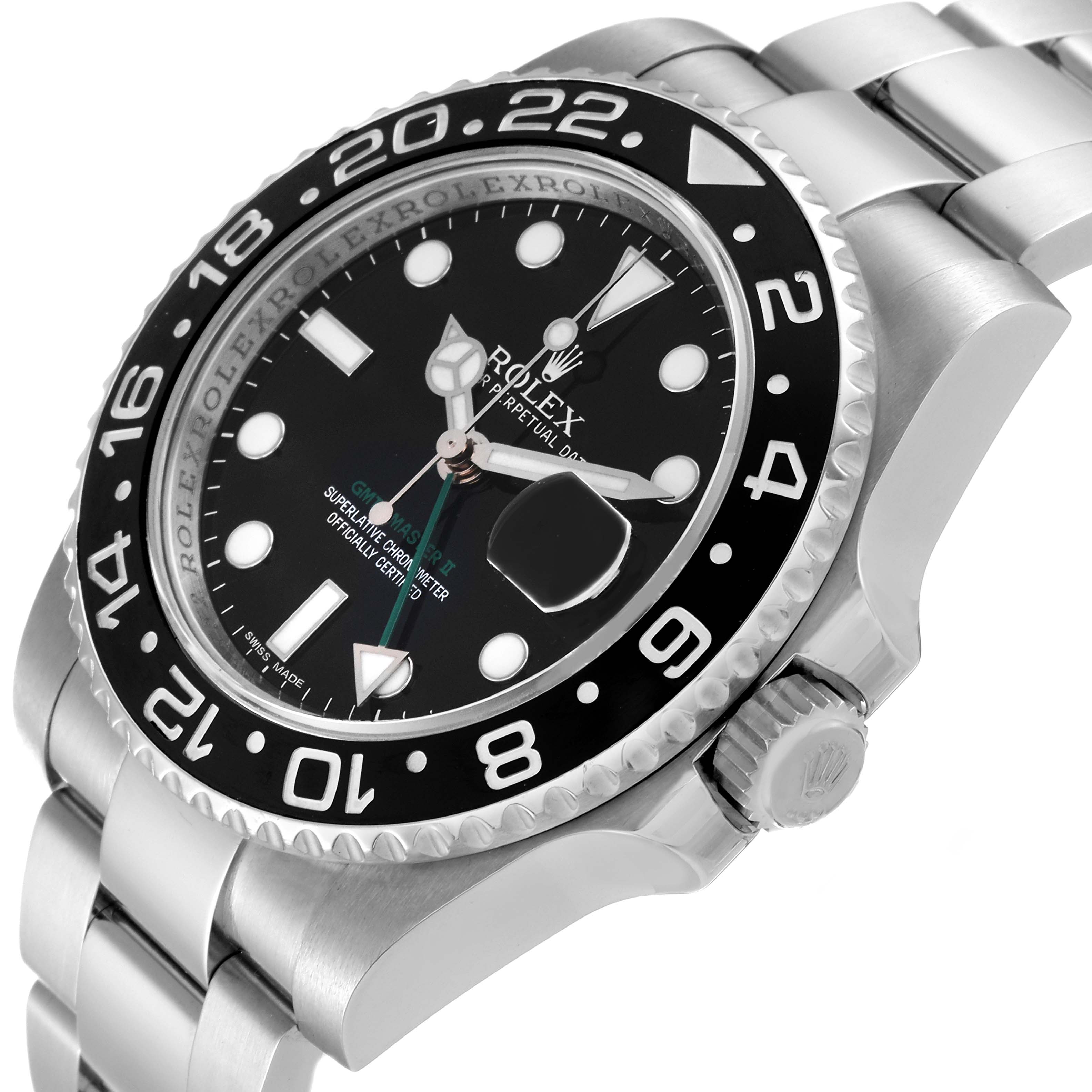 This Rolex GMT-Master 116710 Men
s Stainless Steel Black Dial 116710 Men
s Stainless Steel Black Dial watch is shown from an angled close-up, displaying its face, bezel, crown, and bracelet.