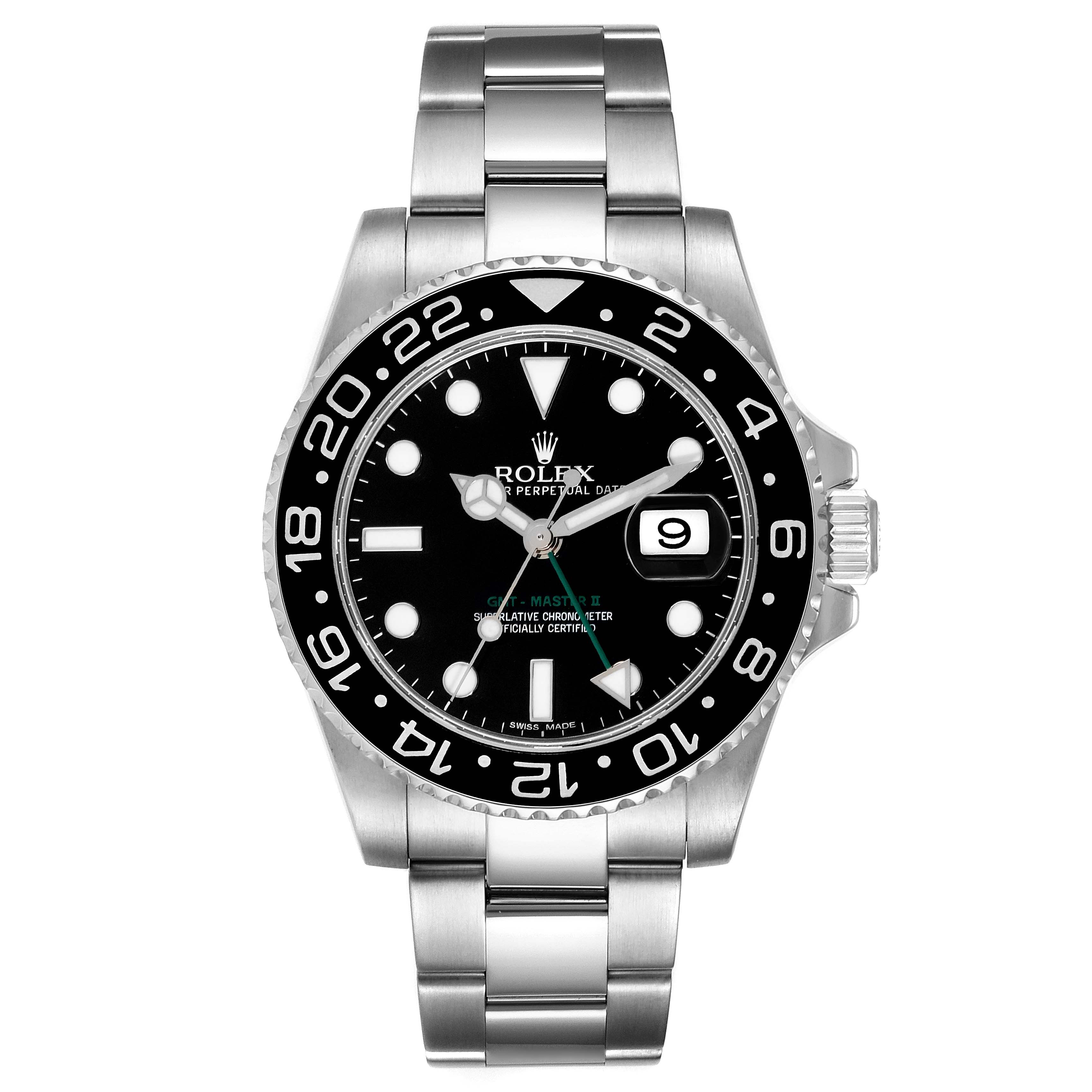 The watch is a Rolex GMT-Master 116710 Men
s Stainless Steel Black Dial 116710 Men
s Stainless Steel Black Dial model shown from the front, displaying its face, bezel, case, and bracelet.