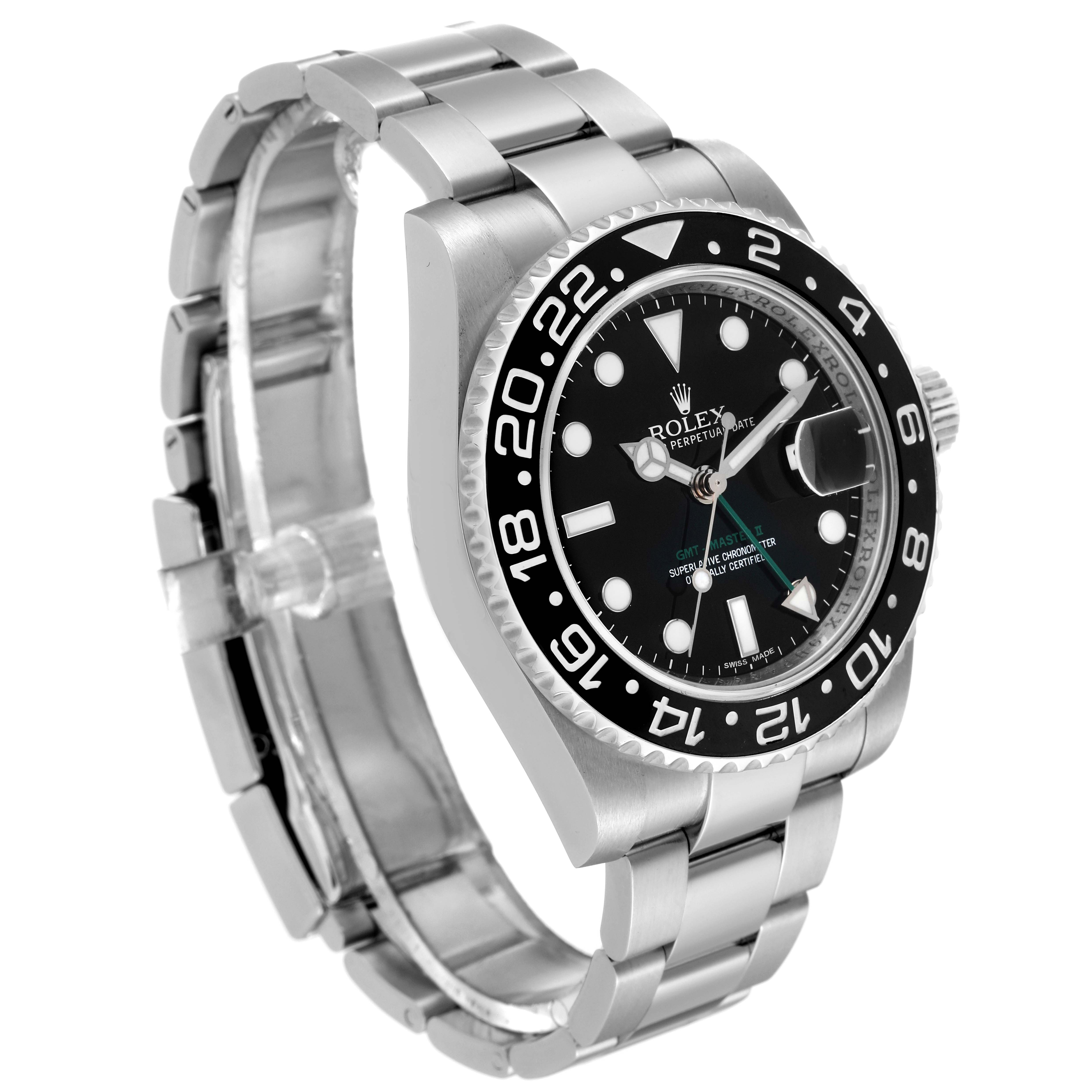 The Rolex GMT-Master 116710 Men
s Stainless Steel Black Dial 116710 Men
s Stainless Steel Black Dial watch is shown from an angled side view, highlighting the bezel, dial, and bracelet.