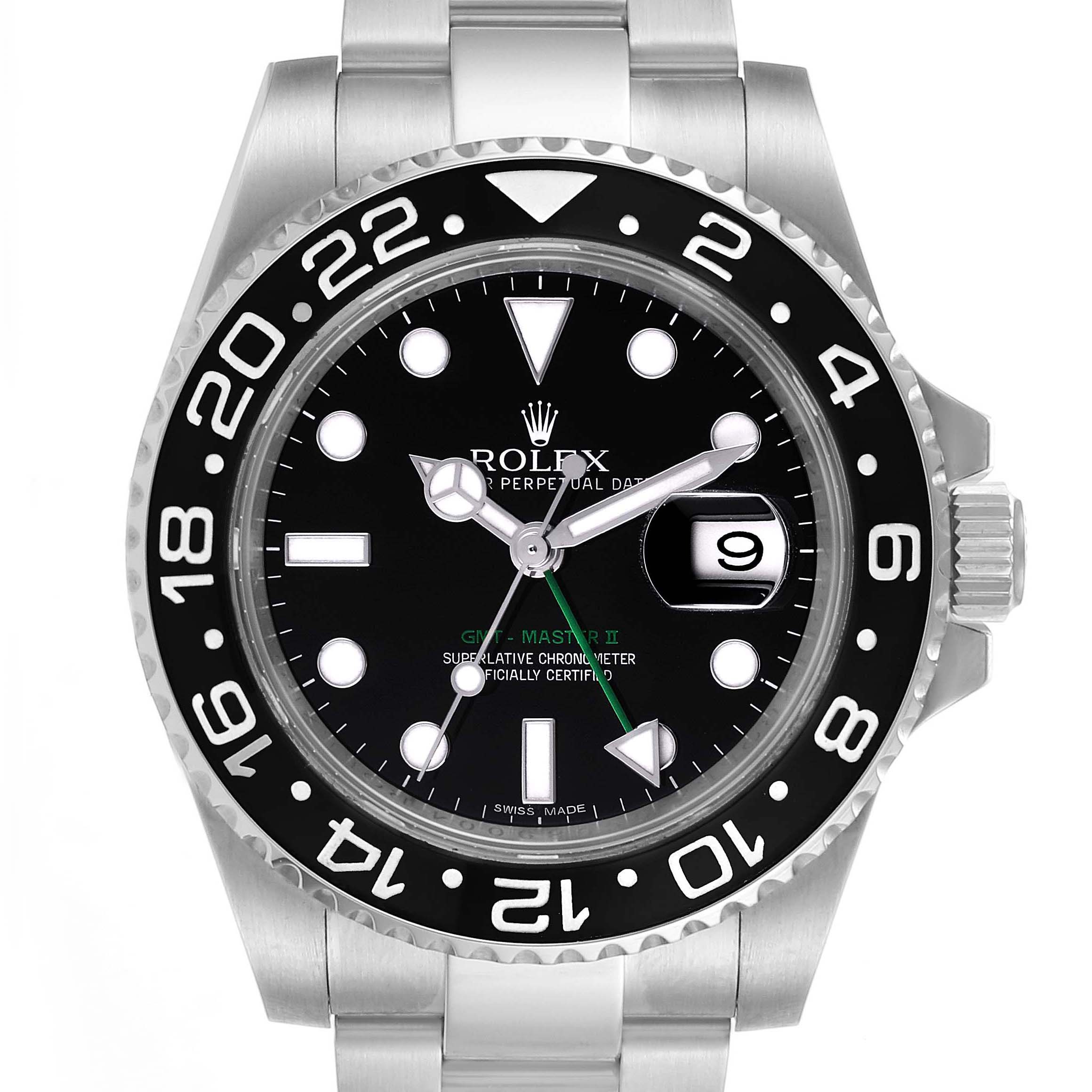 The image shows a front view of a Rolex GMT-Master 116710 Men's Stainless Steel Black Dial 116710 Men's Stainless Steel Black Dial II watch, highlighting the dial, bezel, and bracelet.