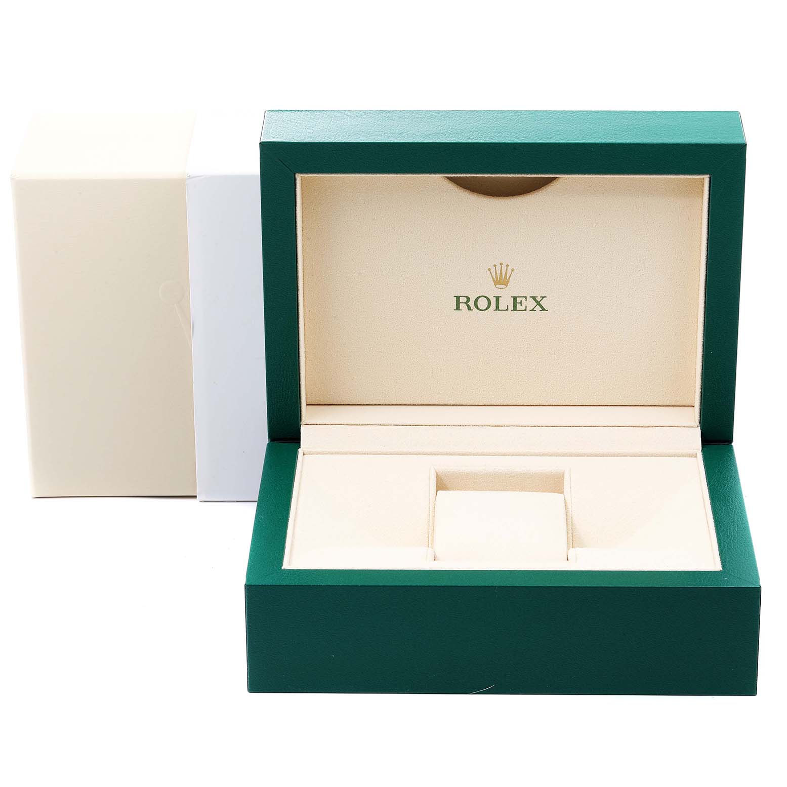 The image shows an open Rolex watch box for the GMT-Master model, displaying the interior packaging from a front angle.